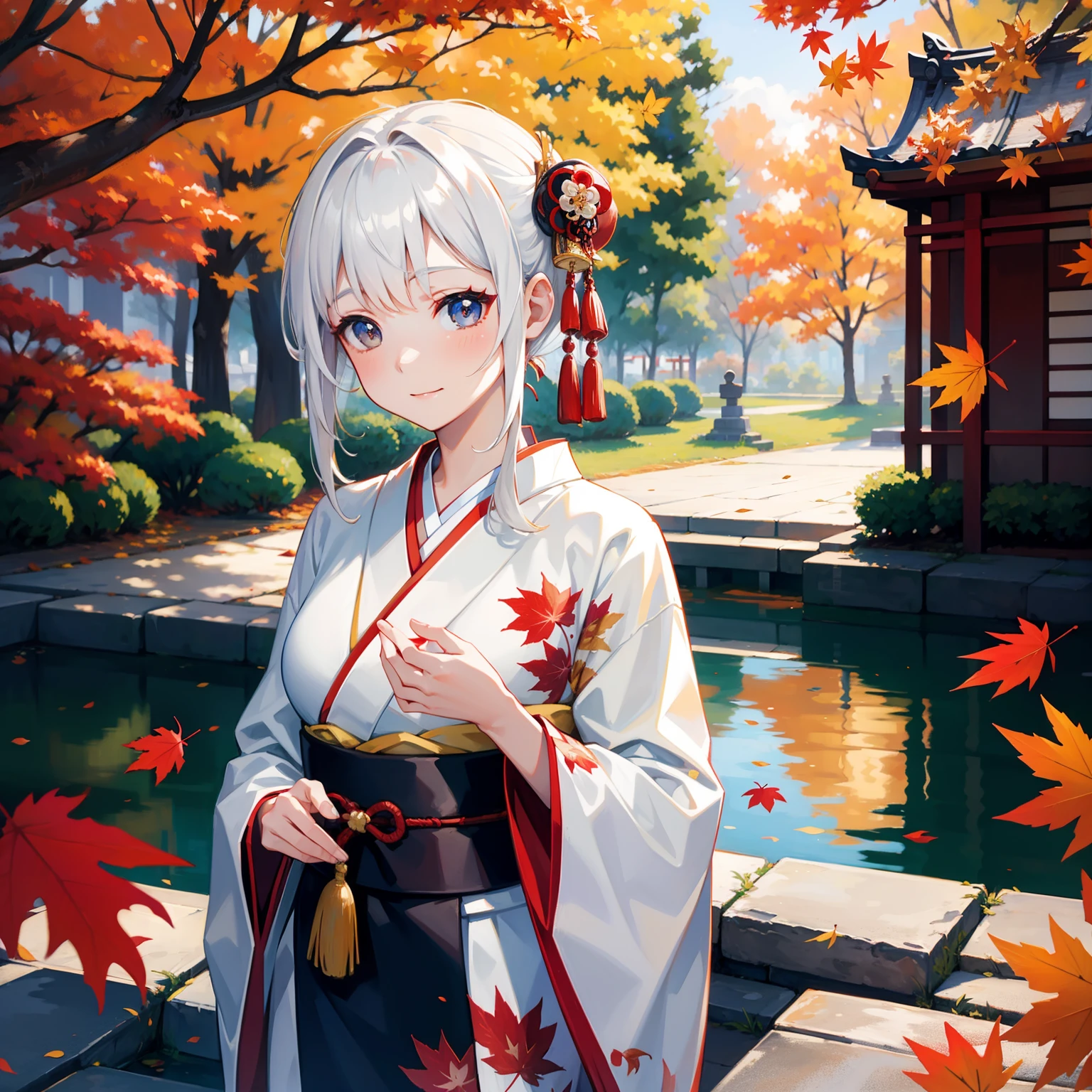 (masterpiece), high quality, kimono, graceful, peaceful, autumn colors, falling leaves, traditional Japanese, solo, passionate colors, standing beautiful white-haired girl