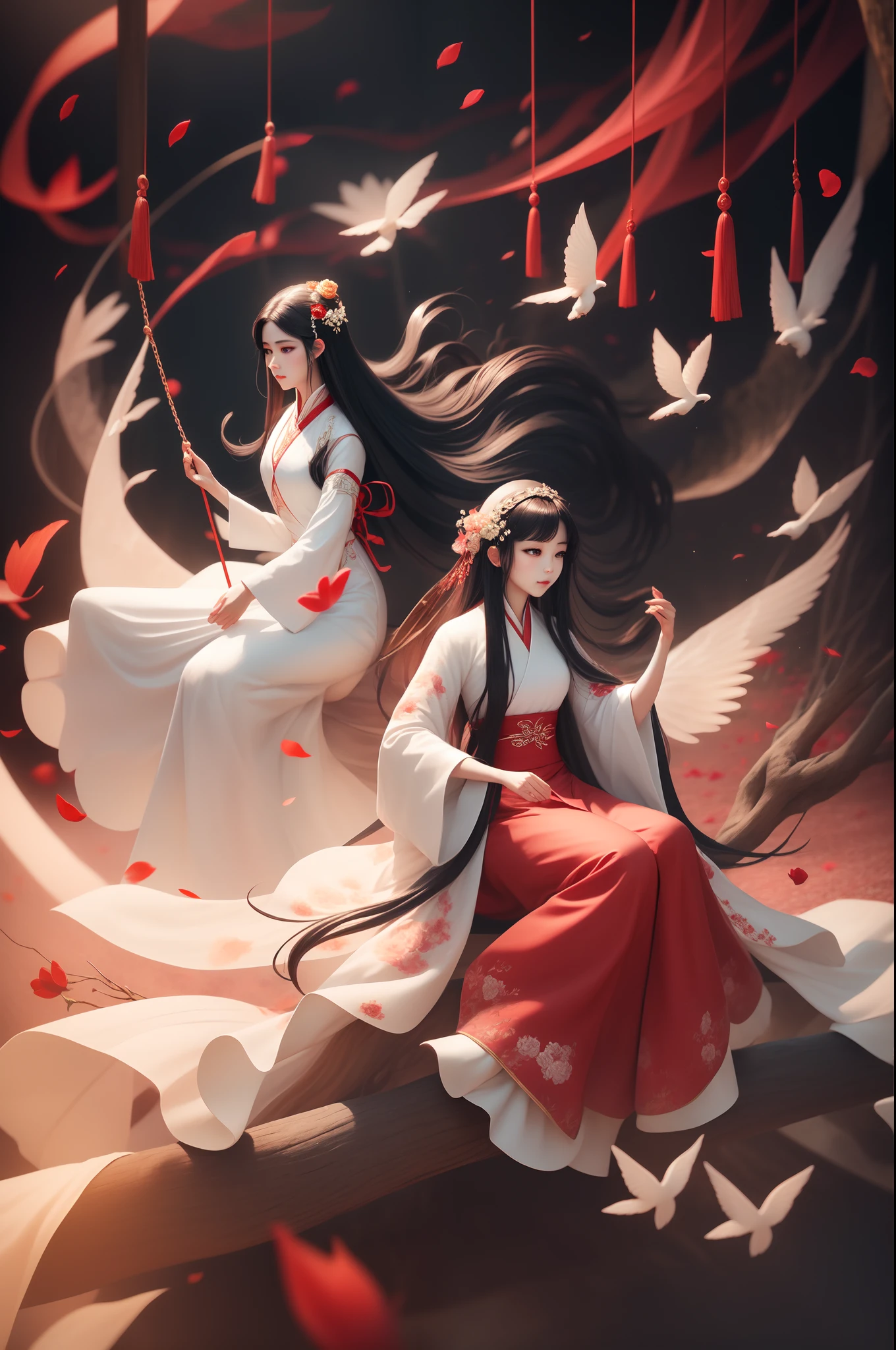 Red Phoenix Flower Forest，A woman in a plain white dress sits on a swing，The ground is covered with red petals，Lady wearing white silk dress，A flowing dress，Long flowing black hair，The lady wears a Han dynasty costume，Hanfu，Flying glowing white fireflies，wide angles，Hyper-realistic，Beautiful，softlighting，Romantic national style