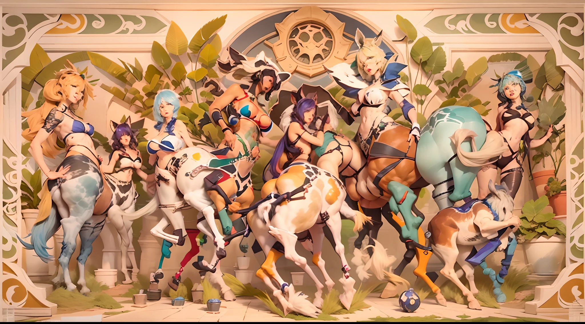 In the beautiful illustration of this super-grand scene，The ultra-distant lens shows us（Over eight separate and distinctive centaur characters：9.9），They all have their own characteristics，Vivid and interesting。Radiant from the heavens（Angelic centaurs：6.6），To nightmarish is（Centaurs surrounded by flames：6.6）、And then to the wind dancing in the air（Fairy centaurs：6.6）、And thunder and lightning surrounding（One-horned centaur：6.6），and shining metallic ones（Mechanical style centaur：6.6）、And then（A centaur with colorful dragon scales covering the whole body：6.6）The power is powerful、Elegant and agile（Elf centaur's slenderness：6.6）Gracefully wears a flower crown、Enchanting and charming（Tiflin centaurs：6.6）、Have the indescribable（Raised sexy：6.6）'s（Succubus centaurs：6.6）。Each character has their own unique charms and abilities。The illustration uses advanced artistic techniques and tools，（Divide the scene into sections by geometric arrangement：9.9），Each section corresponds to a centaur character，This makes more efficient use of space。Through Midjourney's advanced brush tools、Color palette、Material packs and model packs、Texture tools，For each centaur, beautiful props are designed to increase racial characteristics、Clothing and physical features，（Enhances the character's personality and visual appeal：2.5），The scenery in the illustrations is stunning，There are changing skies、rainbowing、extreme light、Stars and Moon。Incorporating iconic landmarks such as Mount Everest，and fireworks、tranquil lake、Natural and urban elements of waves and neon lights，Creates a magical atmosphere，The centaurs display their unique abilities and equipment in a variety of environments，This is true even in extreme alien landscapes。（Use Midjourney's tools、Material packs、Texture tools、The color palette makes depicting details vivid and realistic：9.9），From complex hairstyles and as well as different racial traits、Body、Appearance features、Clothing to real textures，This greatly enhances the realism of the cha