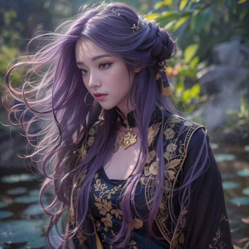 Cornmeal glass 32K(tmasterpiece,k hd,hyper HD,32K)Long flowing bright purple hair,Autumn Pond,zydink, a color, Asian people (Kizi), (Red scarf), Combat posture, looking at the ground, long whitr hair, Floating bright purple, Fire cloud pattern gold tiara, Chinese long-sleeved gold silk garment, (abstract ink splash:1.2), white backgrounid,Lotus protector(realisticlying:1.4),Bright purple hair,Smoke on the road,The background is pure, A high resolution, the detail, RAW photogr, Sharp Re, Nikon D850 Film Stock Photo by Jefferies Lee 4 Kodak Portra 400 Camera F1.6 shots, Rich colors, ultra-realistic vivid textures, Dramatic lighting, Unreal Engine Art Station Trend, cinestir 800,Long flowing bright purple hair