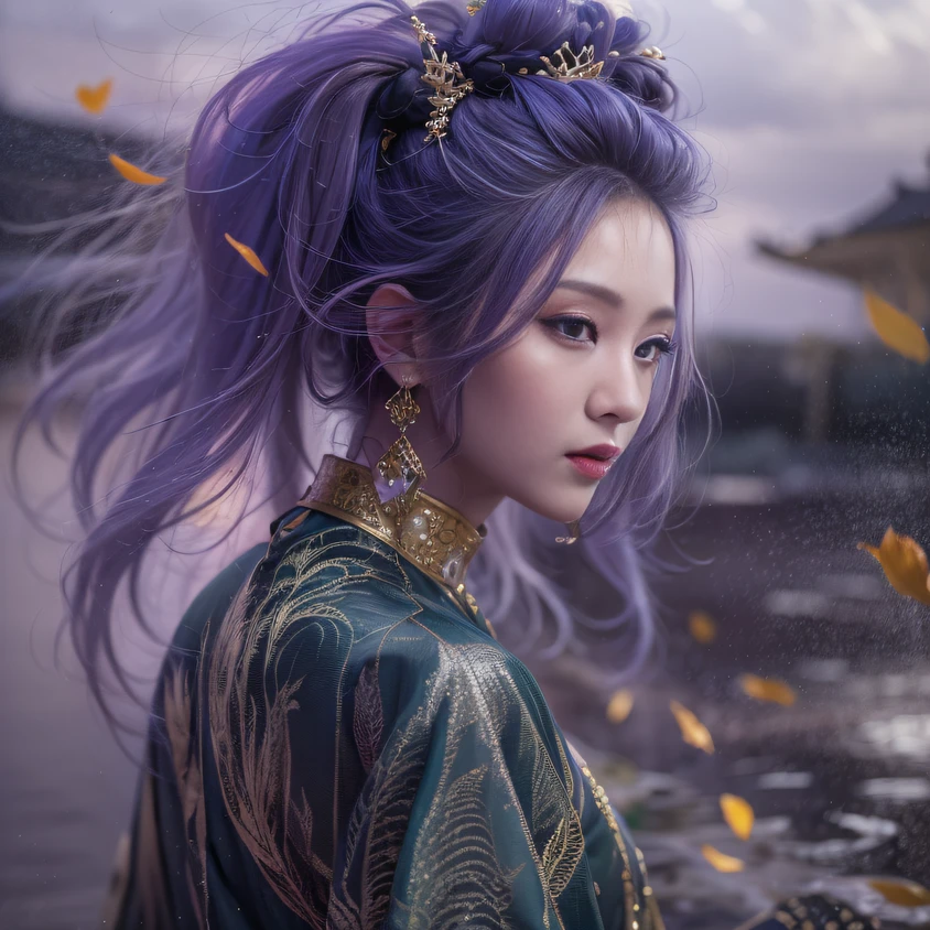 Cornmeal glass 32K（tmasterpiece，k hd，hyper HD，32K）Long flowing bright purple hair，Autumn Pond，zydink， a color， Asian people （Kizi）， （Red scarf）， Combat posture， looking at the ground， long whitr hair， Floating bright purple， Fire cloud pattern gold tiara， Chinese long-sleeved gold silk garment， （abstract ink splash：1.2）， white backgrounid，Lotus protector（realisticlying：1.4），Bright purple hair，Smoke on the road，The background is pure， A high resolution， the detail， RAW photogr， Sharp Re， Nikon D850 Film Stock Photo by Jefferies Lee 4 Kodak Portra 400 Camera F1.6 shots, Rich colors, ultra-realistic vivid textures, Dramatic lighting, Unreal Engine Art Station Trend, cinestir 800，Long flowing bright purple hair