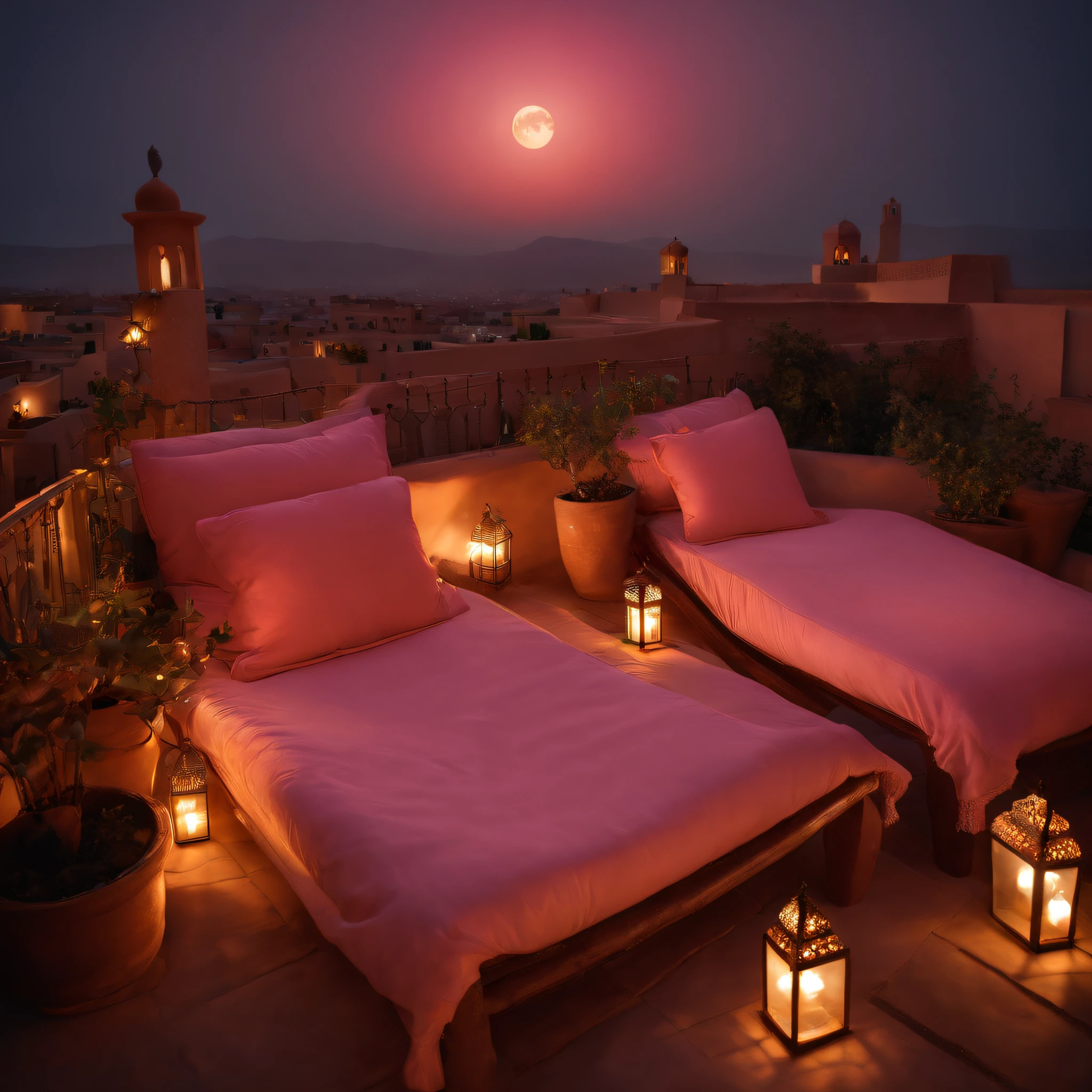 hyper realistic photo, ultra detailed photograph of a beautiful Moroccan rooftop, Amazigh pillows, photorealistic, riad rooftop, Marrakech view, stunning moon in the sky, iridescent, hyperrealism, moroccan lamps, sexy, Ultra photoreal, Intricate details, Ultra detailed, elegant photorealistic, great high details, hyper real photo, 8k, extreme quality, gorgeous pink roses, exotic, glimmering lights, magical, romantic, Moroccan tea, mint leaves