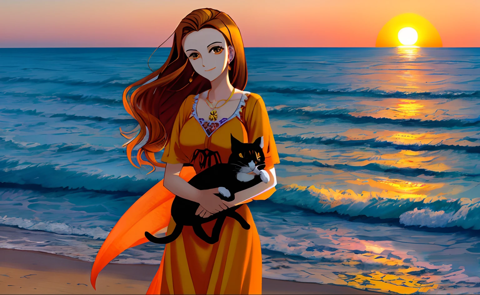sentado na praia，A beautiful lady holding her kitten，Enjoy the magnificence of the sea under the orange sunset。