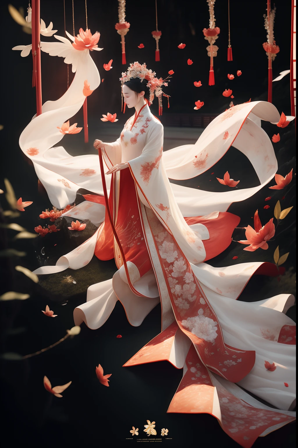 Red Phoenix Flower Forest，A woman in a plain white dress sits on a swing，The ground is full of red petals，Lady wearing white silk dress，A flowing dress，Long flowing black hair，The lady wears a Han dynasty costume，Hanfu，Flying glowing white fireflies，wide angles，Hyper-realistic，Beautiful，softlighting，Romantic national style