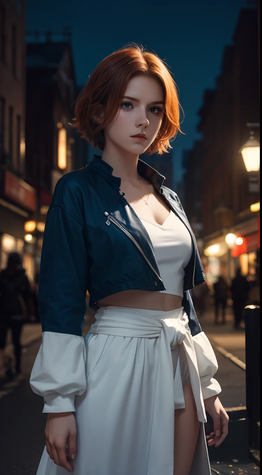 (A beautiful 20-year-old British female assassin), (Short ginger hair), (Pale skin), (serious looking), (Wearing white and blue Assassin costumes), (city at night background), seen from the front, waist up shot, Dynamic pose, Ambient lighting, Photo realism, intricate face details, Intricate hand details, Highly detailed, Vibrant colors, Cinematic, High definition, Popular on art sites - original style