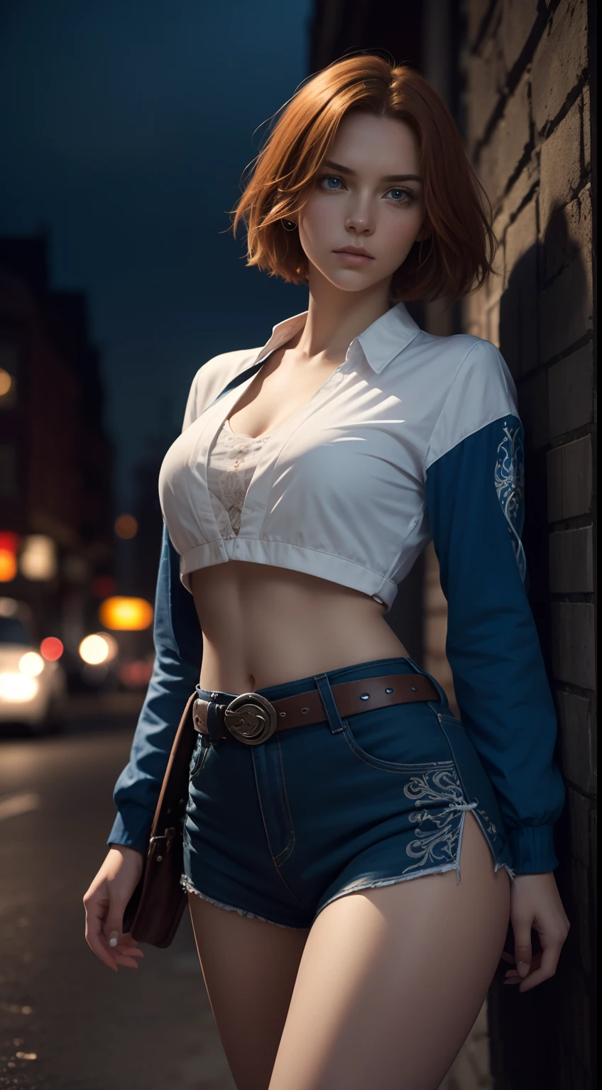 (A beautiful 20-year-old British female assassin), (Short ginger hair), (Pale skin), (serious looking), (Wearing white and blue Assassin costumes), (city at night background), seen from the front, waist up shot, Dynamic pose, Ambient lighting, Photo realism, intricate face details, Intricate hand details, Highly detailed, Vibrant colors, Cinematic, High definition, Popular on art sites - original style