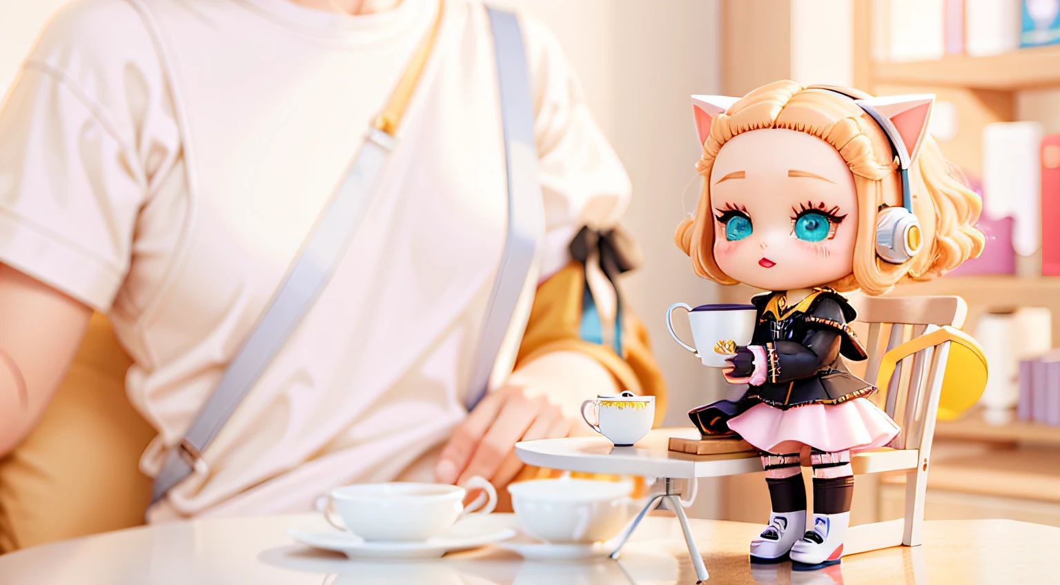 Doll with short hair sitting at a small table drinking coffee,style as nendoroid, Cute styling:2, Cute Pocelain doll, Cat ear headphones, Long cat tail, plushie photography, a skirt, toy photography, anime barbie doll, JDM, dollfie dream, Portrait shooting, nendroid, Cuteness, Super cute, adolable