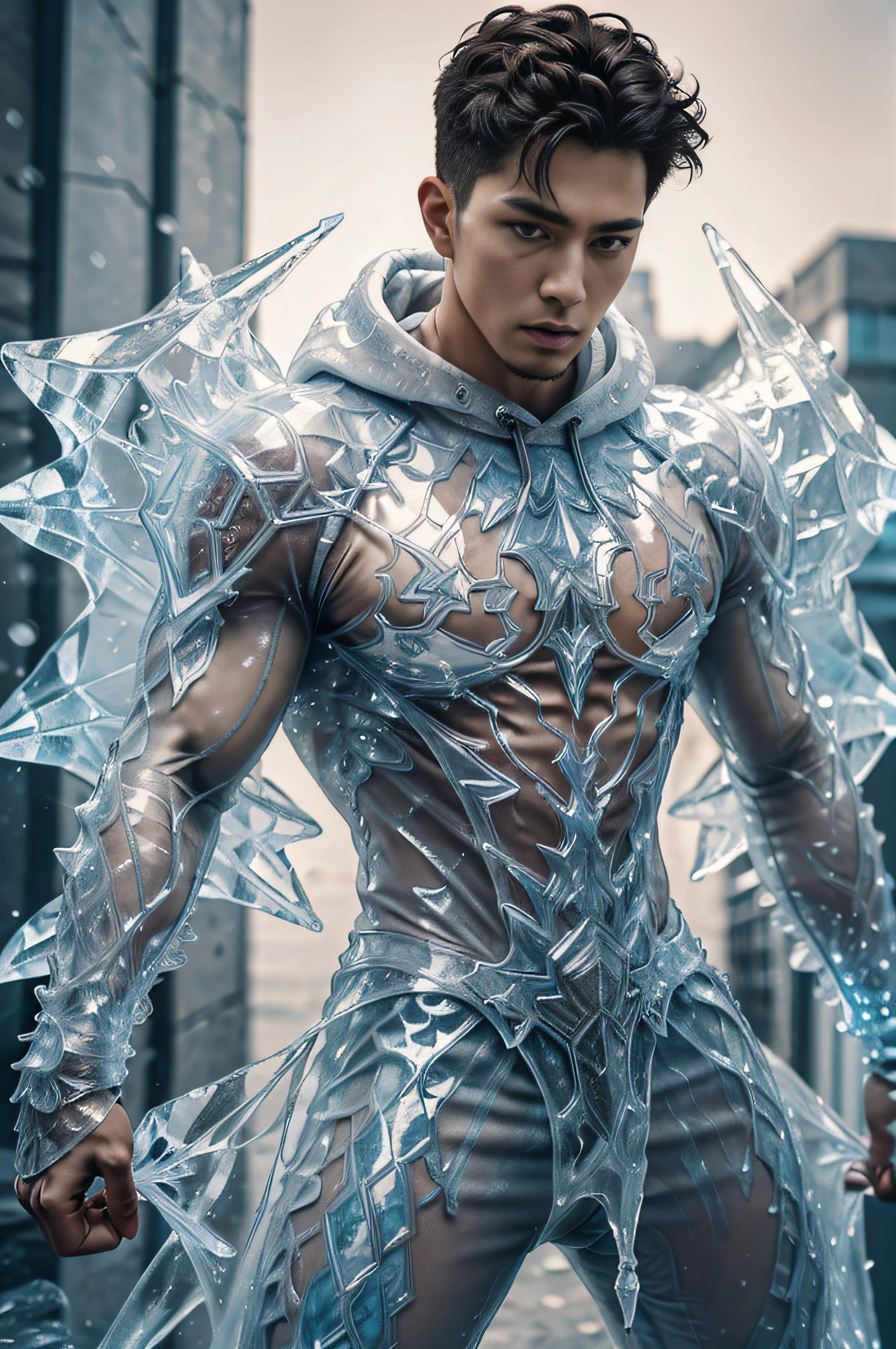 ic34rmor, wearing ice hoodie, see-through, dynamic pose, ((fighting stance)), fantasy city background, outdoors, (face portrait), (extreme close up:1.2), street, pants, realistic, masterpiece, intricate details, detailed background, depth of field, photo of a man,