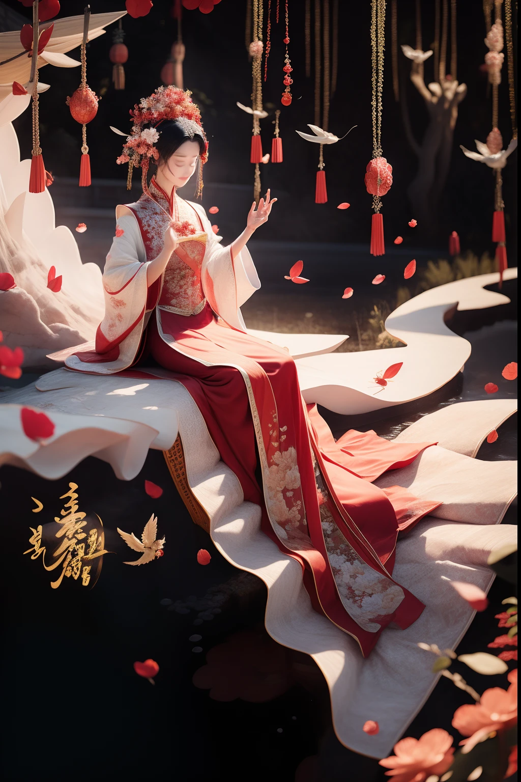 Red Phoenix Flower Forest,A woman in a plain white dress sits on a swing,The ground is full of red petals,Lady wearing white silk dress,A flowing dress,Long flowing black hair,The lady wears a Han dynasty costume,Hanfu,Flying glowing white fireflies,wide angles,Hyper-realistic,Beautiful,softlighting,Romantic national style