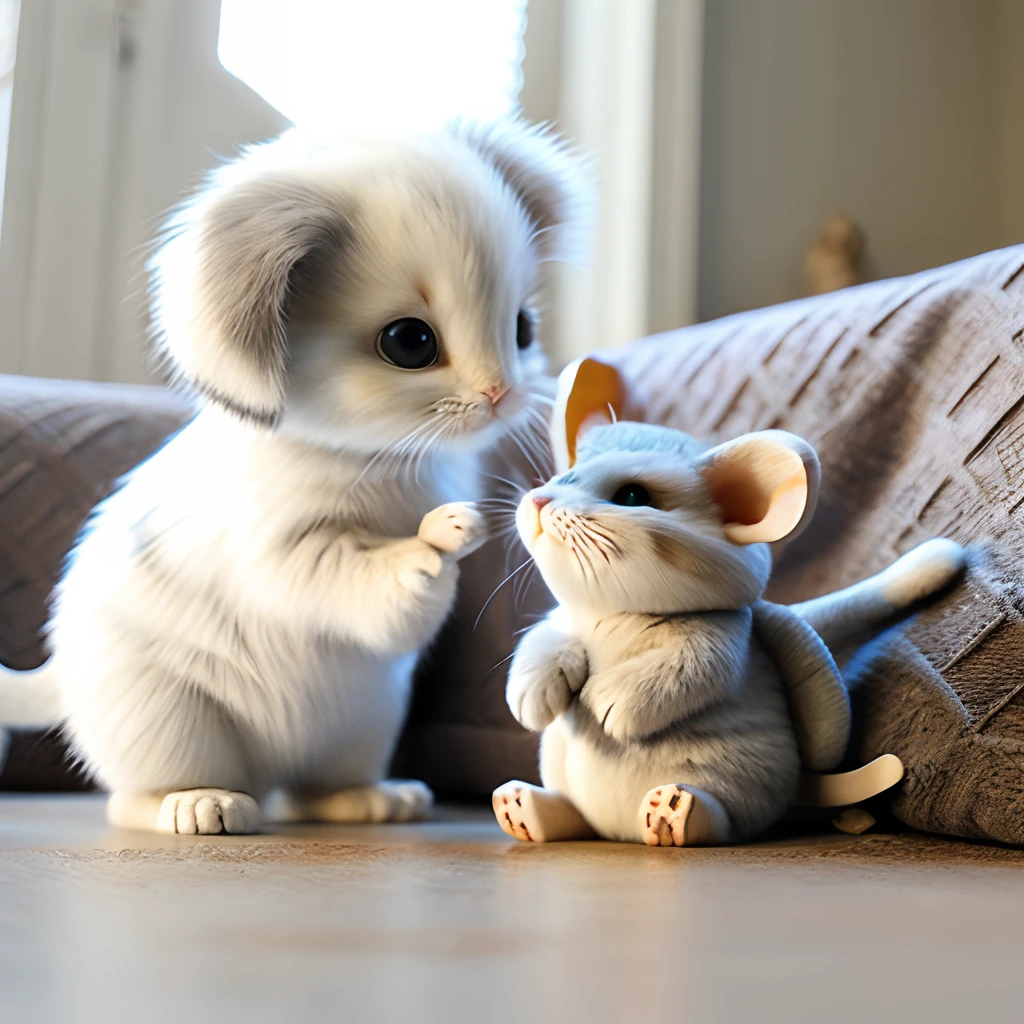 On the sofa,A white curious cat playing with a little mouse,The cat is cute