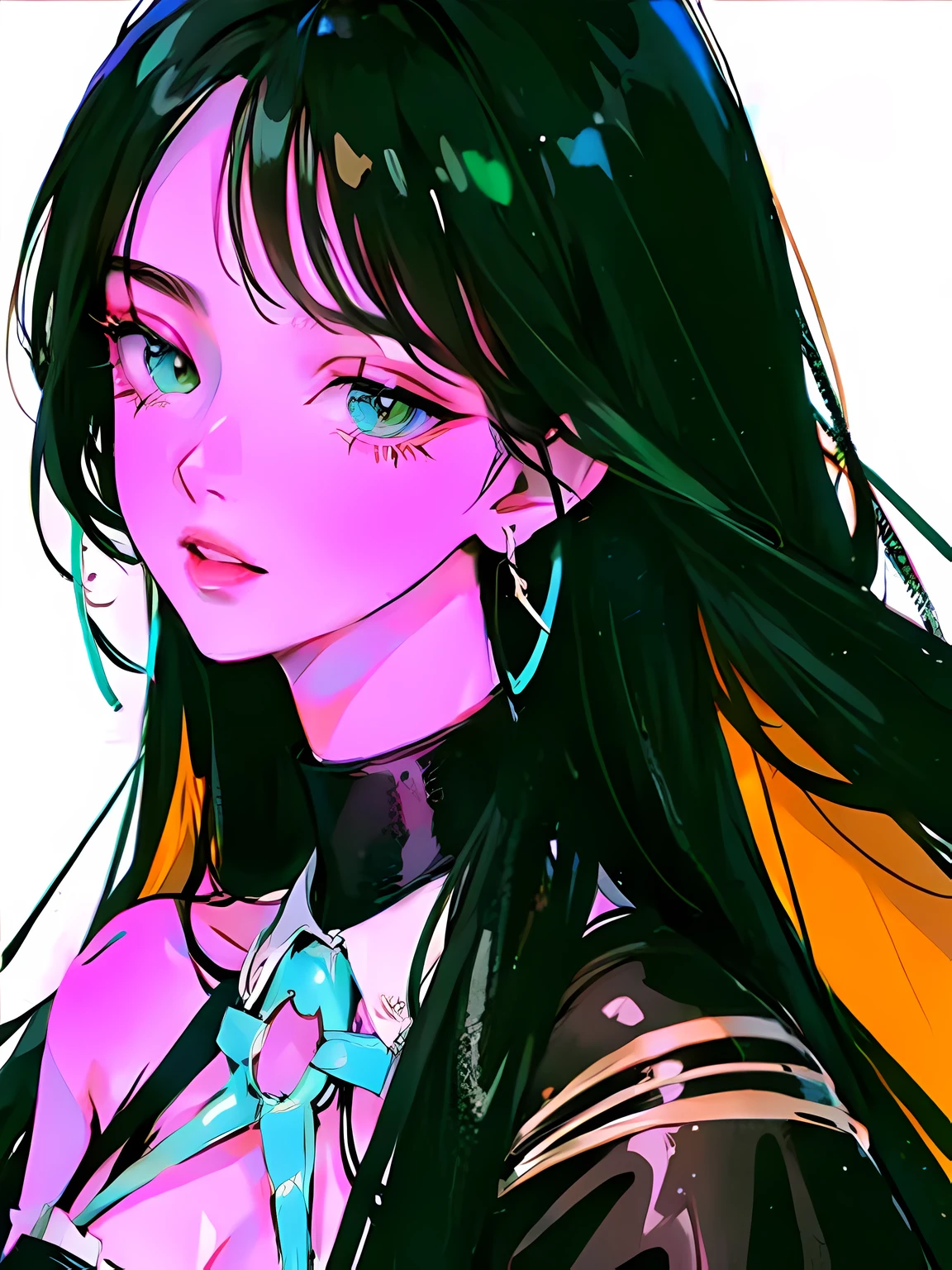 (Portrait:1.4), (masutepiece:1.2, Best Quality:1.2), bottom-up, Full body, 1 girl with long black sleek hair with flat bangs, green highlight, Solo, Looking down, Face Focus, Extreme facial details, Cool eyes, extremely detailed eye, goodlooking, makeup, Fingers on lips, green Eyes, Thin, slim, white fur coat, Black tights, earrings, (Marco) Cafe)
