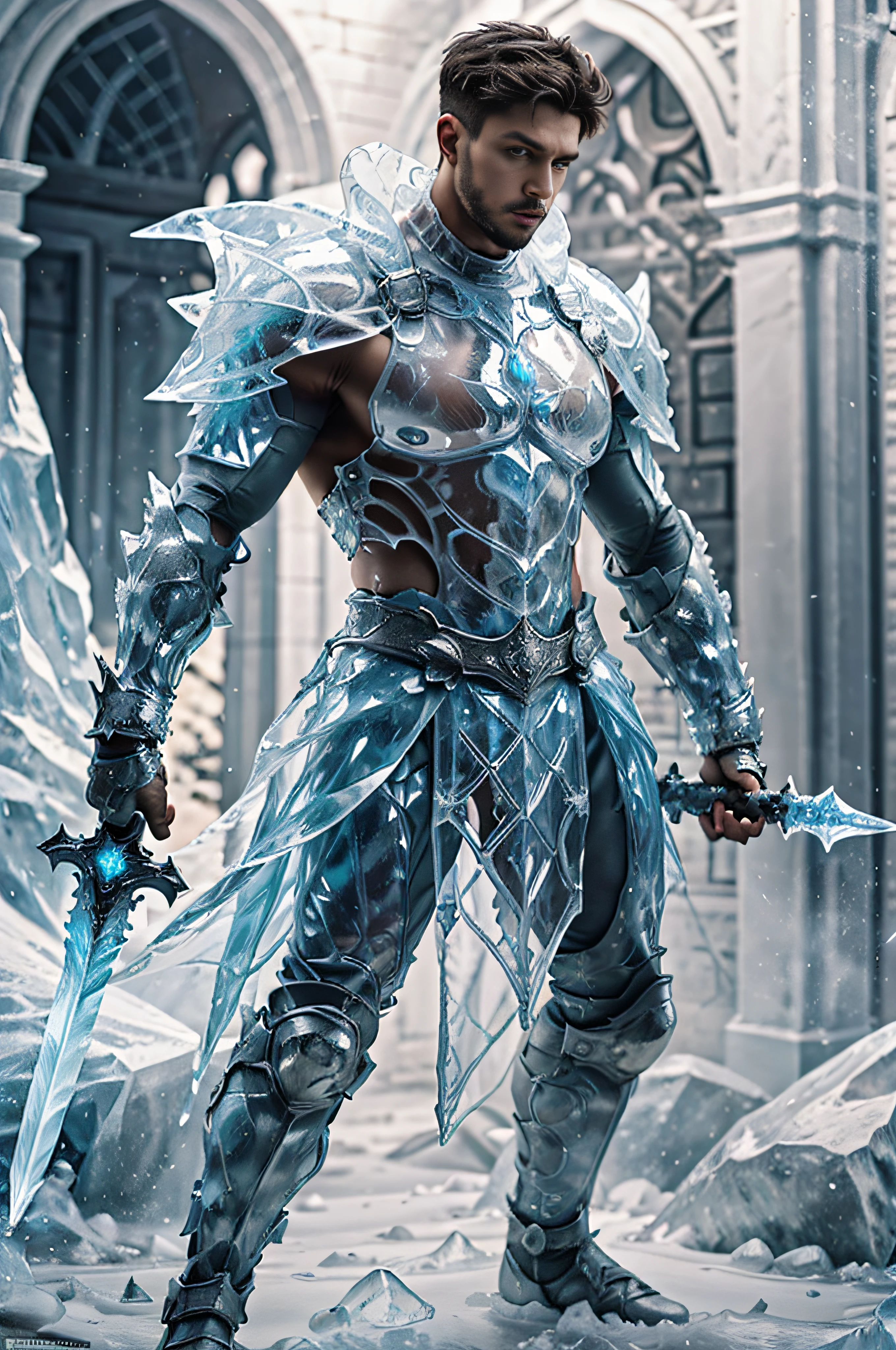 ic34rmor, wearing ice knight armor, dynamic pose, fighting stance, holding ice sword, medieval fantasy city background, full armor, realistic, masterpiece, intricate details, detailed background, depth of field, photo of a man,