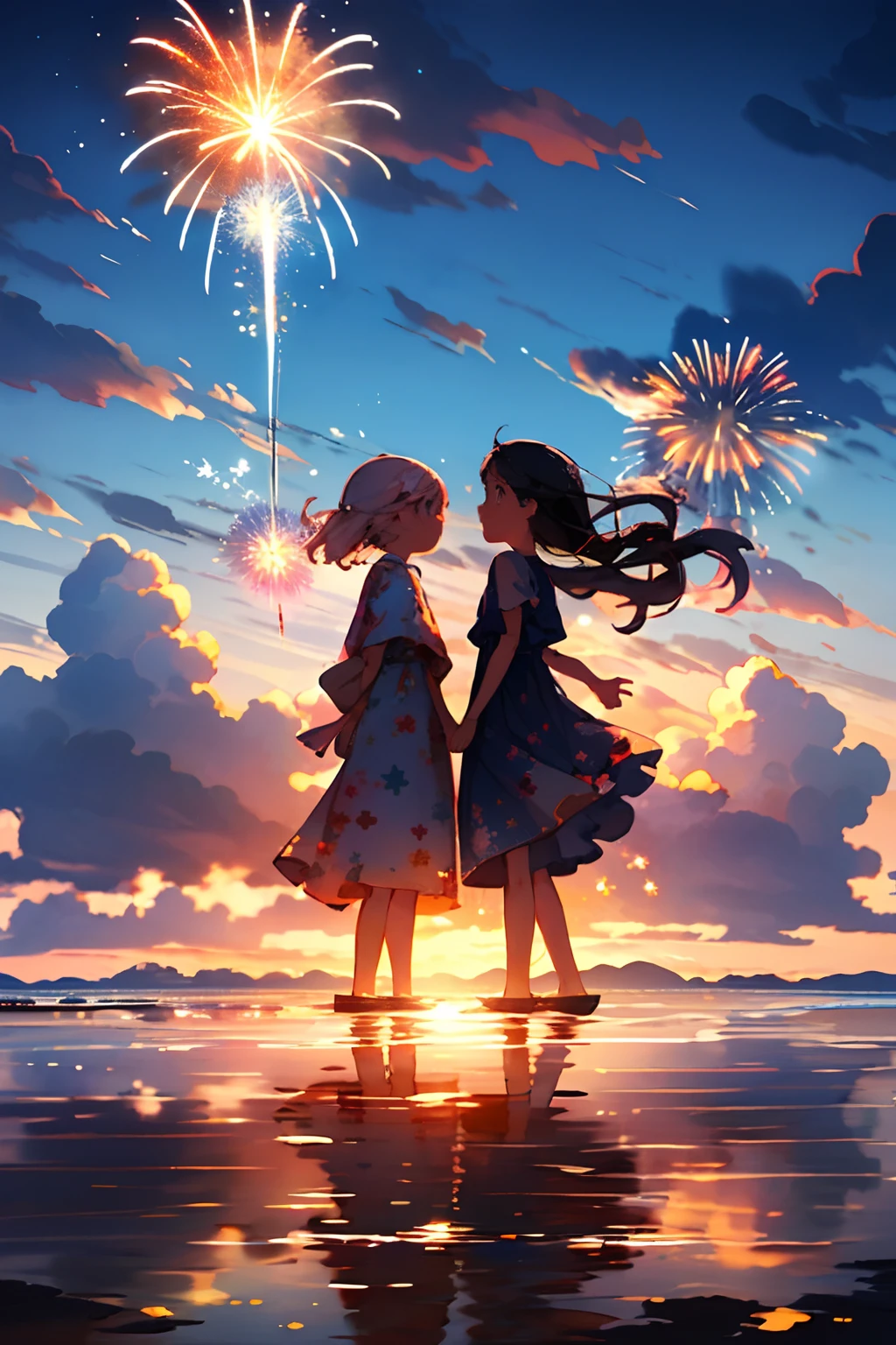 2girls, Solo, sky, Cloud, Fireworks, Long hair, water, Sunset, Outdoors, Holding, dress,  Cloudy sky, sparkler, wading, scenery, Reflection, Ocean,