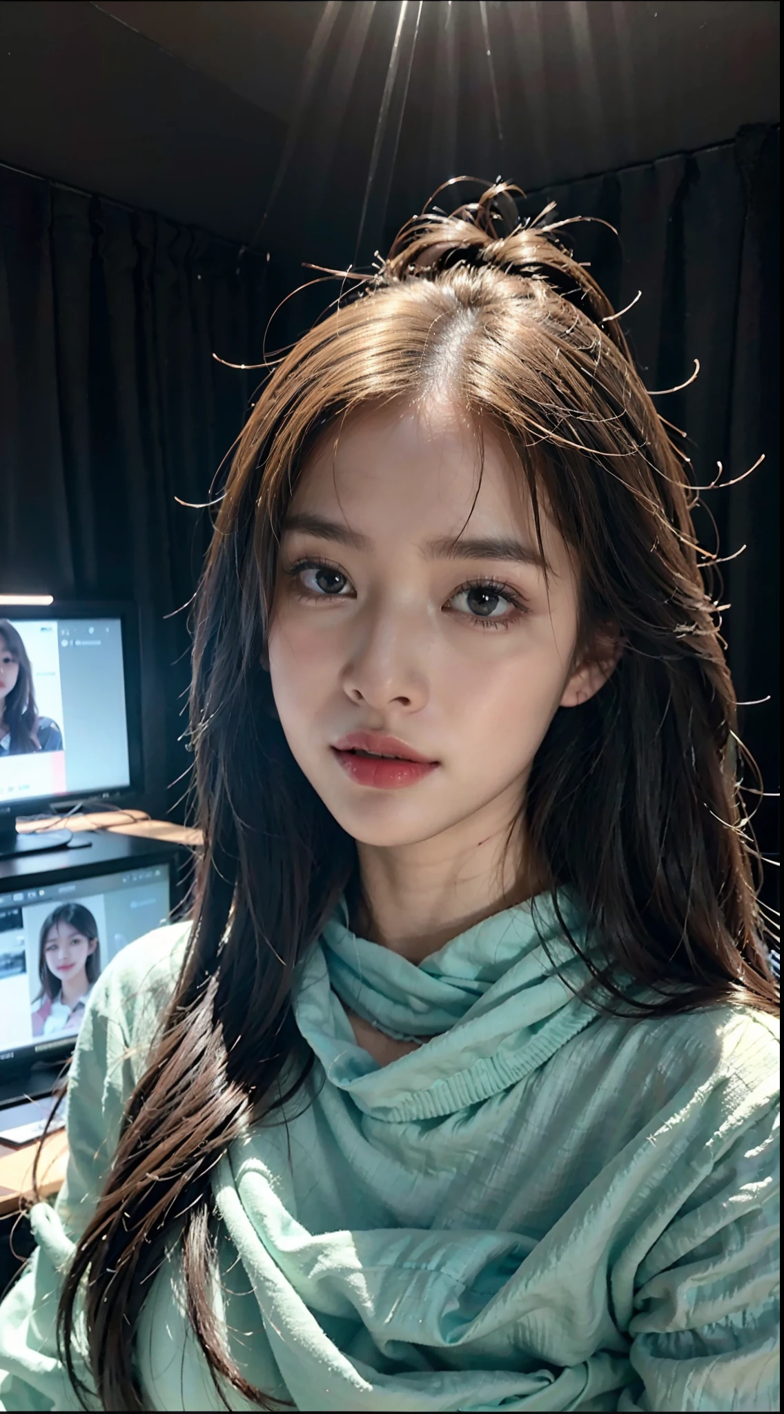 (RAW Photo, Best Quality), (Realistic, Photo Realistic: 1.3), Best Quality, Highly Detailed, Masterpiece, Ultra Detailed, Illustration, 1 Girl, upper_body, Dynamic Angle, World Mastery Theater, messy_long_hair, Best Quality, Extremely Detailed CG Unified 8k Wallpaper, Ink, Amazing, Movie Lights, lens_flare, dunhuang_style, Detailed Face, Beautiful Rendering of Tang Dynasty, (deliberate expression: 1.5), standing in a flower field, (looking up at the starry sky: 1.2), fireflies, floating scarves, Sony master shots, a woman posing for a picture in front of a tv, inspired by Fei Danxu, aesthetic!!!!!! female genie, brown hair and bangs, high definition screenshot, nicovideo, normal hands, vivic colors, full face shot of rimuru tempest, nice studio lighting, vhs screencap, beautiful fine - face, nami, ar