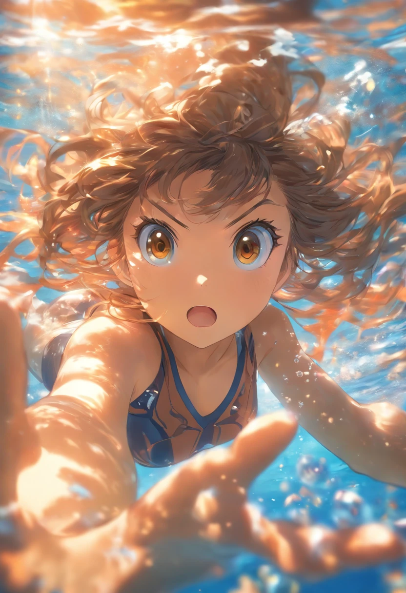 foreshortening, Depth of field, Masterpiece, Best quality, 1girll, Brown hair, Brown eyes, Long hair, Underwater, airbubble, Solo, view the viewer, School swim wear, Swimming, Dappled sunlight,