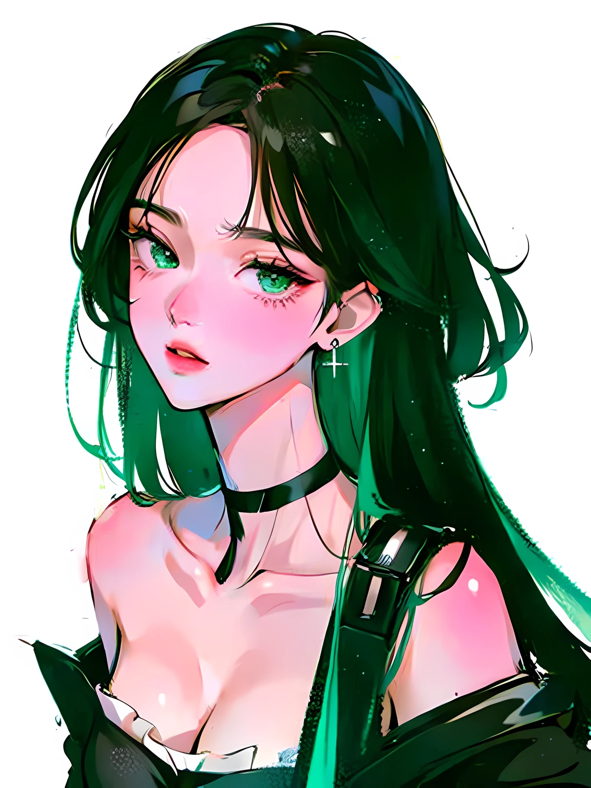 (Portrait:1.4), (masutepiece:1.2, Best Quality:1.2), bottom-up, Full body, 1 girl with long black sleek hair with flat bangs, green highlight, Solo, Looking down, Face Focus, Extreme facial details, Cool eyes, extremely detailed eye, goodlooking, makeup, Fingers on lips, green Eyes, Thin, slim, white fur coat, Black tights, earrings, (Marco) Cafe)