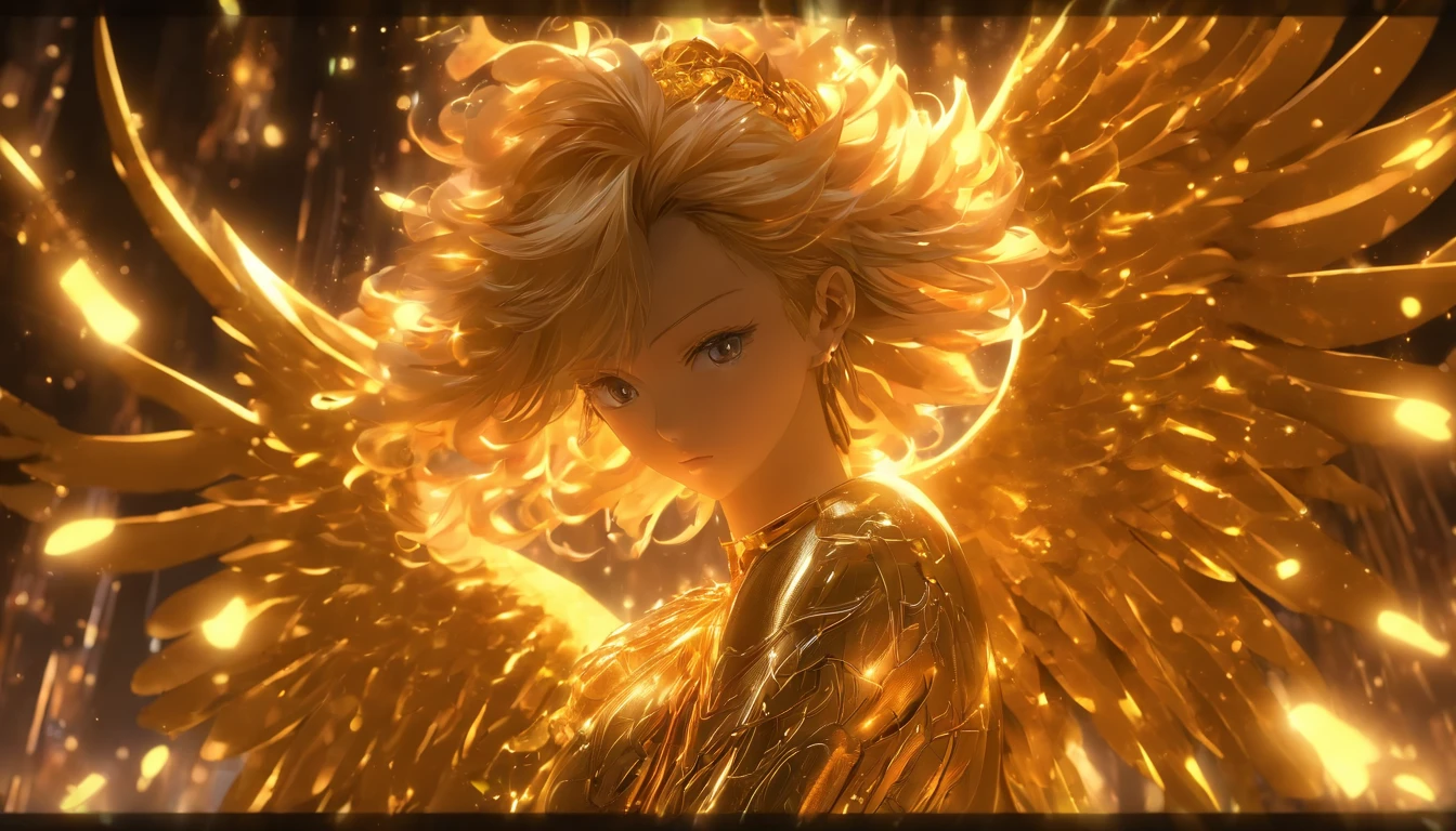 Mechanical style,golden theme,(1 mechanical female angel,anatomy correct,full bodyesbian,Golden wings,standing on your feet,circular base),Black and white background,(3Drenderingof,best qualtiy,the detail,tmasterpiece,Social art,Cinematic lighting effects,4K,Chiaroscuro)