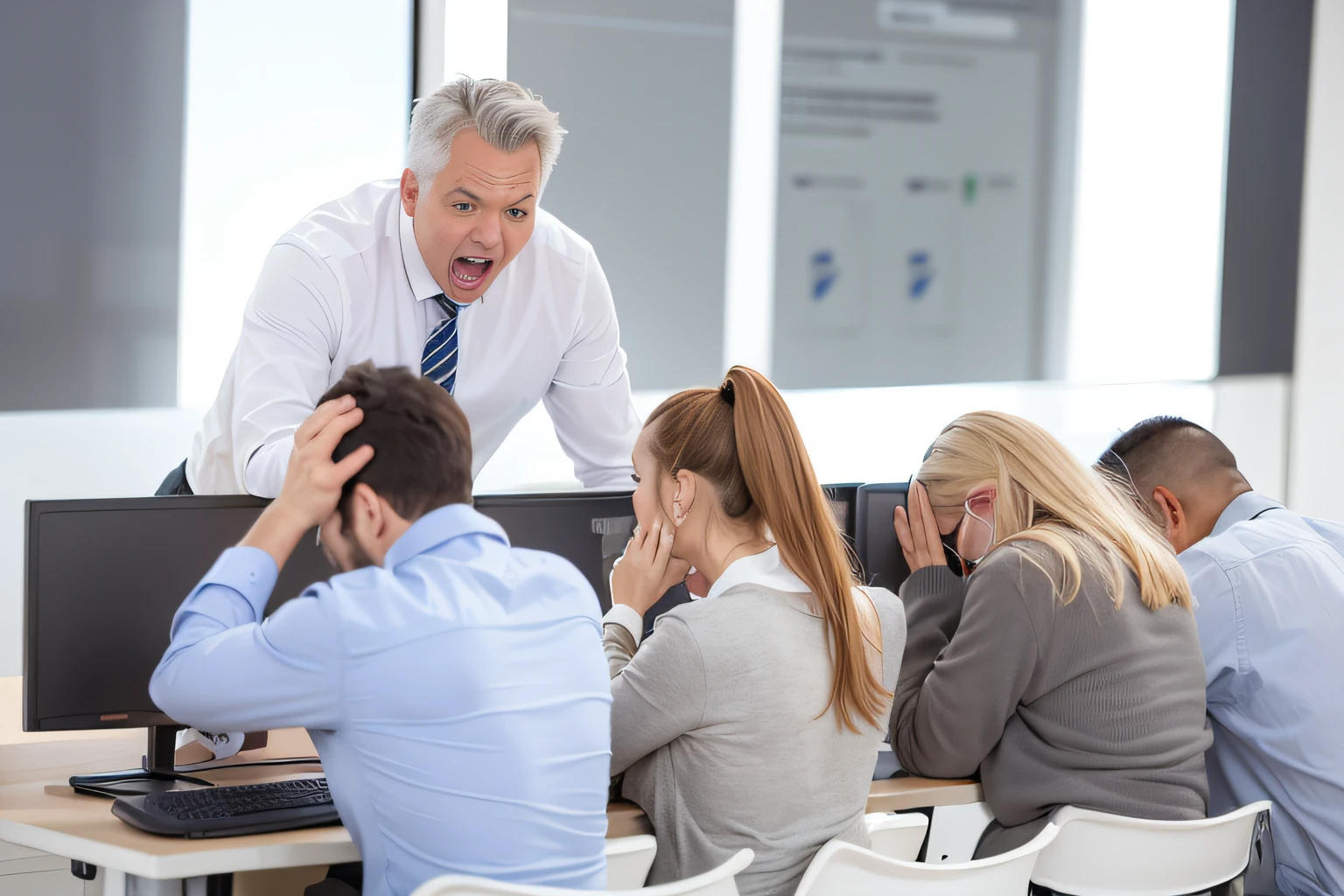 boss yelling at employees, panicked employees, Lutando, People panic in the foreground, Frustration, In the background, Shutterstock, sobrecarga, Pessoas no Trabalho, inferno no fundo, Preocupado, technological anguish, preocupado, cuidadosamente projetado, ocupado, Horrorizado