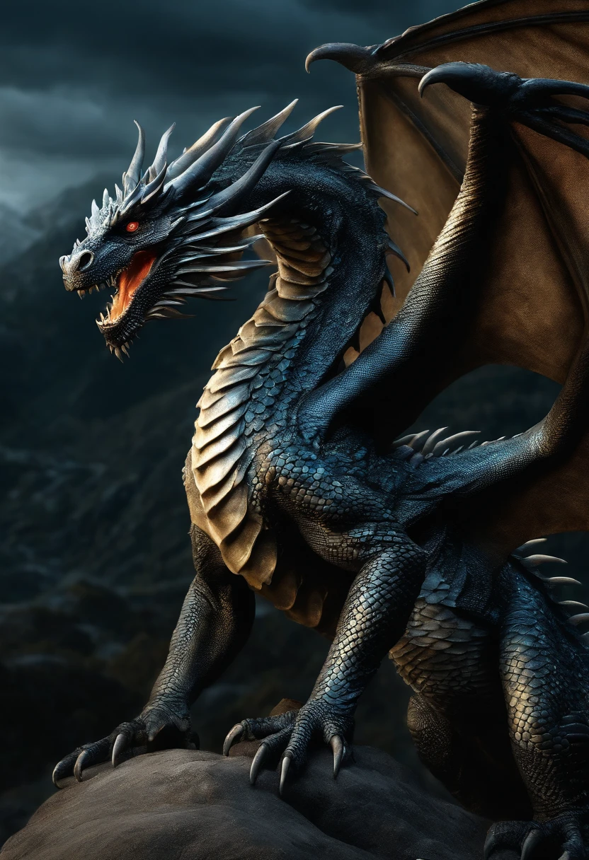 Grayish black scaled dragon, duas patas, duas asas, gigantes, olhos azuis claro