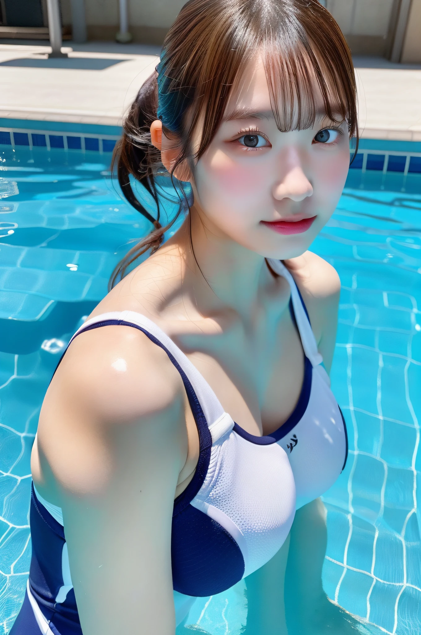 Realism, masterpiece, best quality, high quality, 8k, UHD, high details, super detail, textured skin, anatomically correct, medium breast, japanese girl, 16years old, in the pool, school swimsuit, from below,