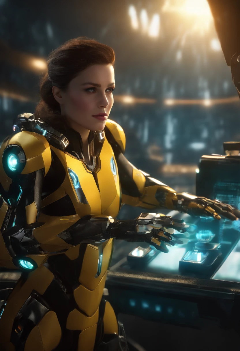 (master part:1.3), (best cinematic quality:1.2), (extremely detailed configuration:2), (macio+artistic lighting), (1st grade), cabelos azuis curtos, (olho+amarelo+vermelho:1.4), (olhos multicoloridos+heterocromia), usando roupas cyberpunk, Futuristic, technological, City scenery with (Robots to the Redor)0.4], giving dramatic scenery.