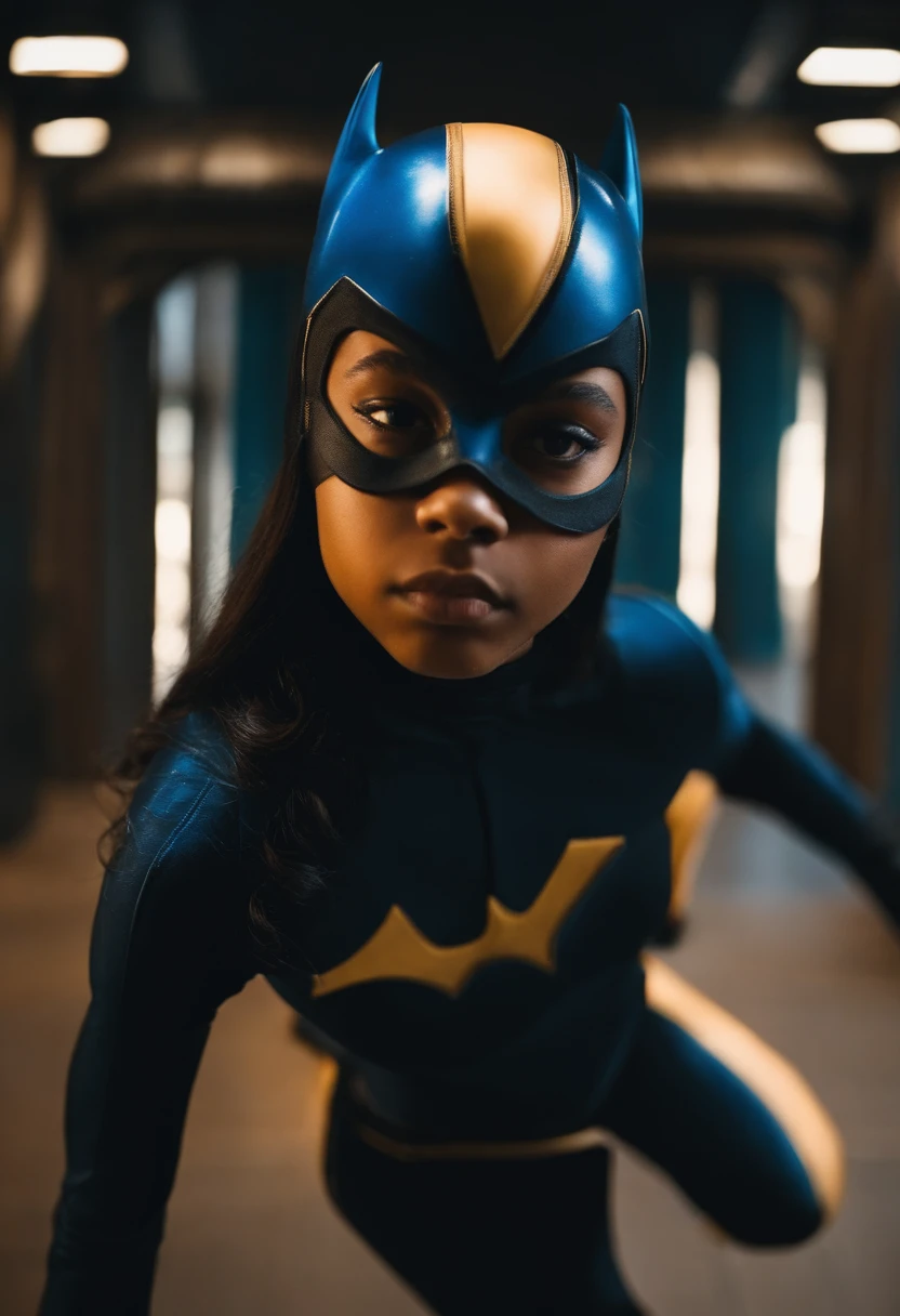 um adolescente de 15 anos com cabelos azuis e olhos negros, wears a black superhero outfit similar to a spy uniform