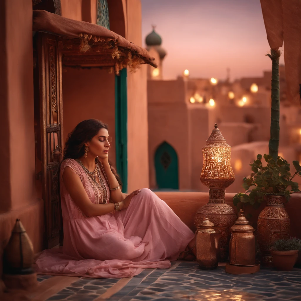 hyper realistic photo, ultra detailed photograph of a beautiful Moroccan rooftop, woman crying on her knees with her face in Amazigh pillows, photorealistic, riad rooftop, Marrakech view, stunning moon in the sky, iridescent, hyperrealism, moroccan lamps, sexy, Ultra photoreal, Intricate details, Ultra detailed, elegant photorealistic, great high details, hyper real photo, 8k, extreme quality, gorgeous light pink roses, exotic, glimmering lights, magical, romantic, Moroccan tea, mint leaves