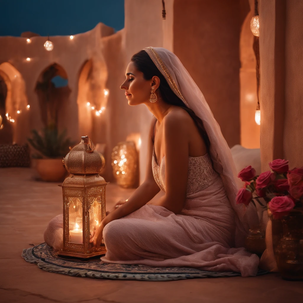 hyper realistic photo, ultra detailed photograph of a beautiful Moroccan rooftop, woman crying on her knees with her face in Amazigh pillows, photorealistic, riad rooftop, Marrakech view, stunning moon in the sky, iridescent, hyperrealism, moroccan lamps, y, Ultra photoreal, Intricate details, Ultra detailed, elegant photorealistic, great high details, hyper real photo, 8k, extreme quality, gorgeous light pink roses, exotic, glimmering lights, magical, romantic, Moroccan tea, mint leaves