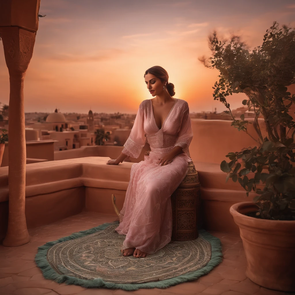 hyper realistic photo, ultra detailed photograph of a beautiful Moroccan rooftop, woman crying on her knees with her face in Amazigh pillows, photorealistic, riad rooftop, Marrakech view, stunning moon in the sky, iridescent, hyperrealism, moroccan lamps, sexy, Ultra photoreal, Intricate details, Ultra detailed, elegant photorealistic, great high details, hyper real photo, 8k, extreme quality, gorgeous light pink roses, exotic, glimmering lights, magical, romantic, Moroccan tea, mint leaves
