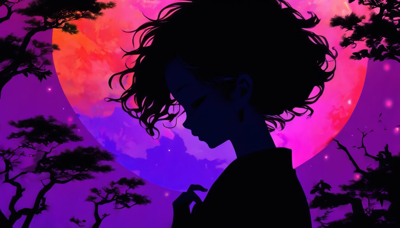 (Silhouette Art,cutouts:1.6)
(((Paper cutting art,A world where only black exists:1.3)
(Cowboy Shot),1 girl,Solo,
(Kimono Girl,profile:1.2),white, Clear and beautiful face,
BREAK
(Purple Moon、Mare、云、)
Textured glass background,