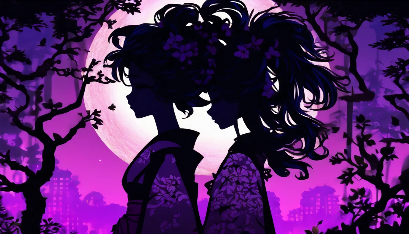 (Silhouette Art,cutouts:1.6)
(((Paper cutting art,A world where only black exists:1.3)
(Cowboy Shot),1 girl,Solo,
(Kimono Girl,profile:1.2),white, Clear and beautiful face,
BREAK
(Purple Moon、Mare、云、)
Textured glass background,