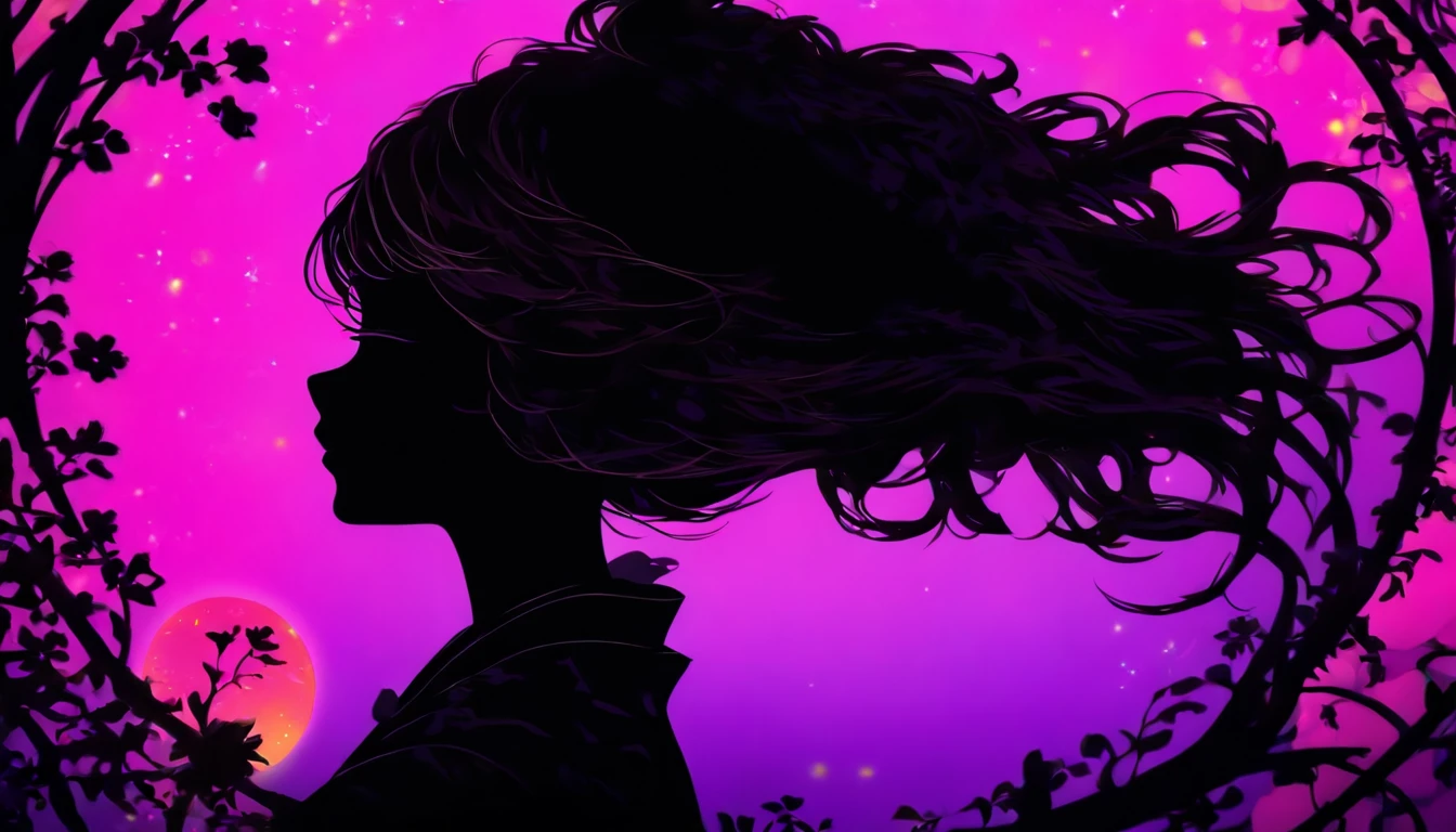 (Silhouette Art,cutouts:1.6)
(((Paper cutting art,A world where only black exists:1.3)
(Cowboy Shot),1 girl,Solo,
(Kimono Girl,profile:1.2),white, Clear and beautiful face,
BREAK
(Purple Moon、Mare、云、)
Textured glass background,