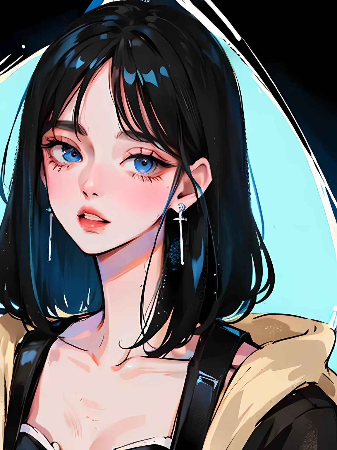 (Portrait:1.4), (masutepiece:1.2, Best Quality:1.2), bottom-up, Full body, 1 girl with short black hair with fringe, blue highlight, Solo, Looking down, Face Focus, Extreme facial details, Cool eyes, extremely detailed eye, goodlooking, makeup, Fingers on lips, blue Eyes, Thin, slim, white fur coat, Black tights, earrings, (Marco) Cafe)