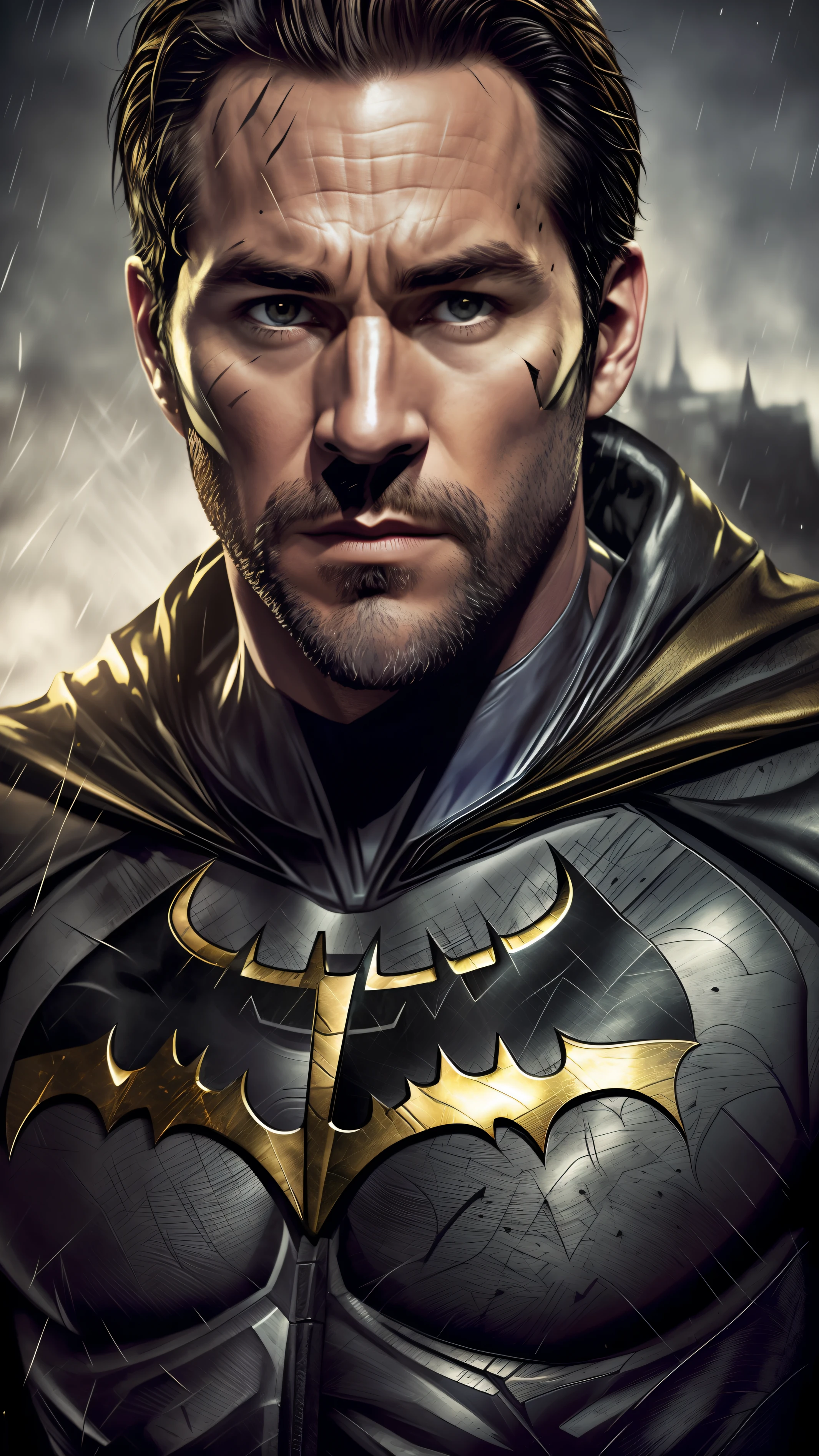 batman in a black cape with a gold batman logo on it, portrait of batman, batman portrait, ryan reynolds as batman, portrait batman ancient biblical, henry cavill as batman, the batman, portrait shot, jason statham as batman, textless, ryan renolds as batman, superhero portrait, batman, film still of batman, fan art, from movie batman