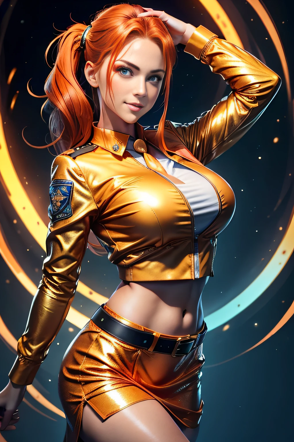 One Air Force officer in Alafe、Big breasts about to burst、thin and long legs,、Redhead blue eyes、Pony tail、Fitness Model、musculature、abdominals、Metallic Light Orange Jacket、Metallic light orange tight skirt、Metallic White Shirt、a belt、neck tie、Five-fingered、glistning skin、Cool smile、Pose ready to fight