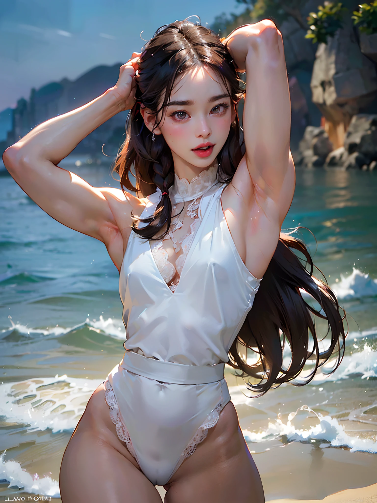((Best Quality)),((photo realistic)),((absurdres,ultra highlres,highly detailed)),(professional lighting),(open mouth:1.3),((embarassed)),(brown eyes:1.2),((armpit hair:1.3)),(beautiful detailed eyes),(sexy pose),(lace tops),(sleeveless),(underwear),(full body),(windy),Thick eyebrows,droopy eyes,straight eyebrows,Falling eyebrows,(large iris),(narrow face:1.2),(thick lips:1.2),(Glossy lips),(lipstick),blush,Beautiful,(beautiful Japanese Lady),mature woman,(tall body:1.2),(slender),(curvy hips),(round hips),Muscular arms,Muscular legs,((wide forehead)),((Pulled back hair)),braid,nipples on clothes,(erection under clothes:1.3),(thick penis:1.2),Perfect Anatomy,(flat chest:1.36),Black medium hair,(Straight hair),(muscular:1.35),(Highly detailed face),(beach)