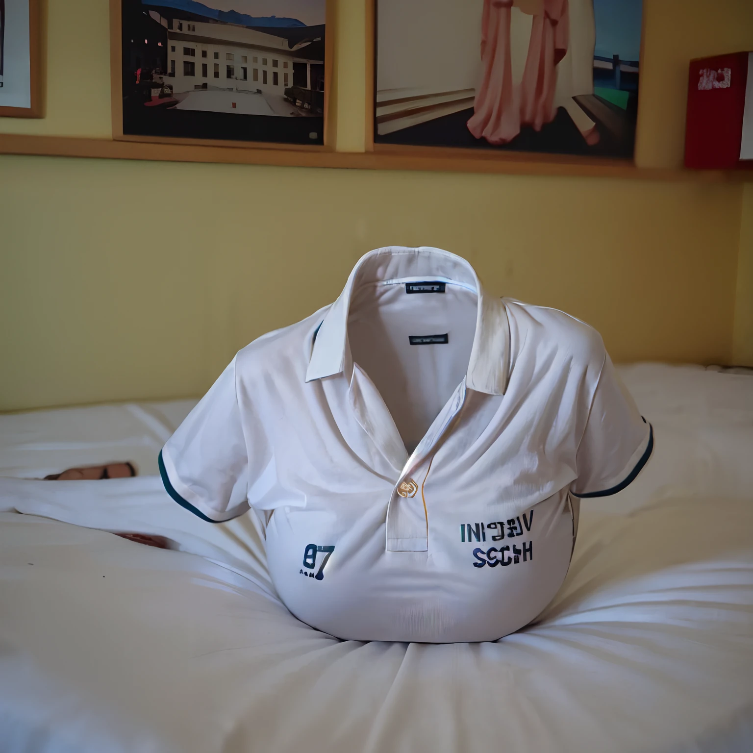 (girls' school shirt on bed swells as if worn by invisible girl:1.7),((invisible, no humans:1.7, headless:1.7, handless, legless)), (big breasts:1.8),arms up,
(8k, RAW photo, best quality, masterpiece:1.4), (realistic, photo-realistic:1.5),photon mapping, radiosity, ((Hasselblad photography)),physically-based rendering,