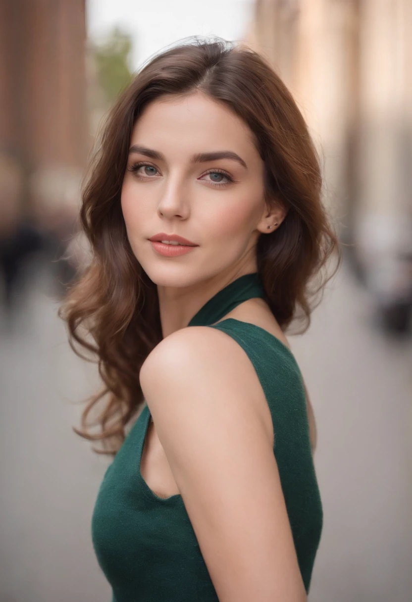 (masterpiece, best quality), beautiful woman, detailed sleeveless turtleneck top, pants, necklace, wavy hair, perfect face, beautiful face, alluring, big gorgeous eyes, open mouth, happy, perfect slim fit body, (outdoor), city streets, new york, bright colors
