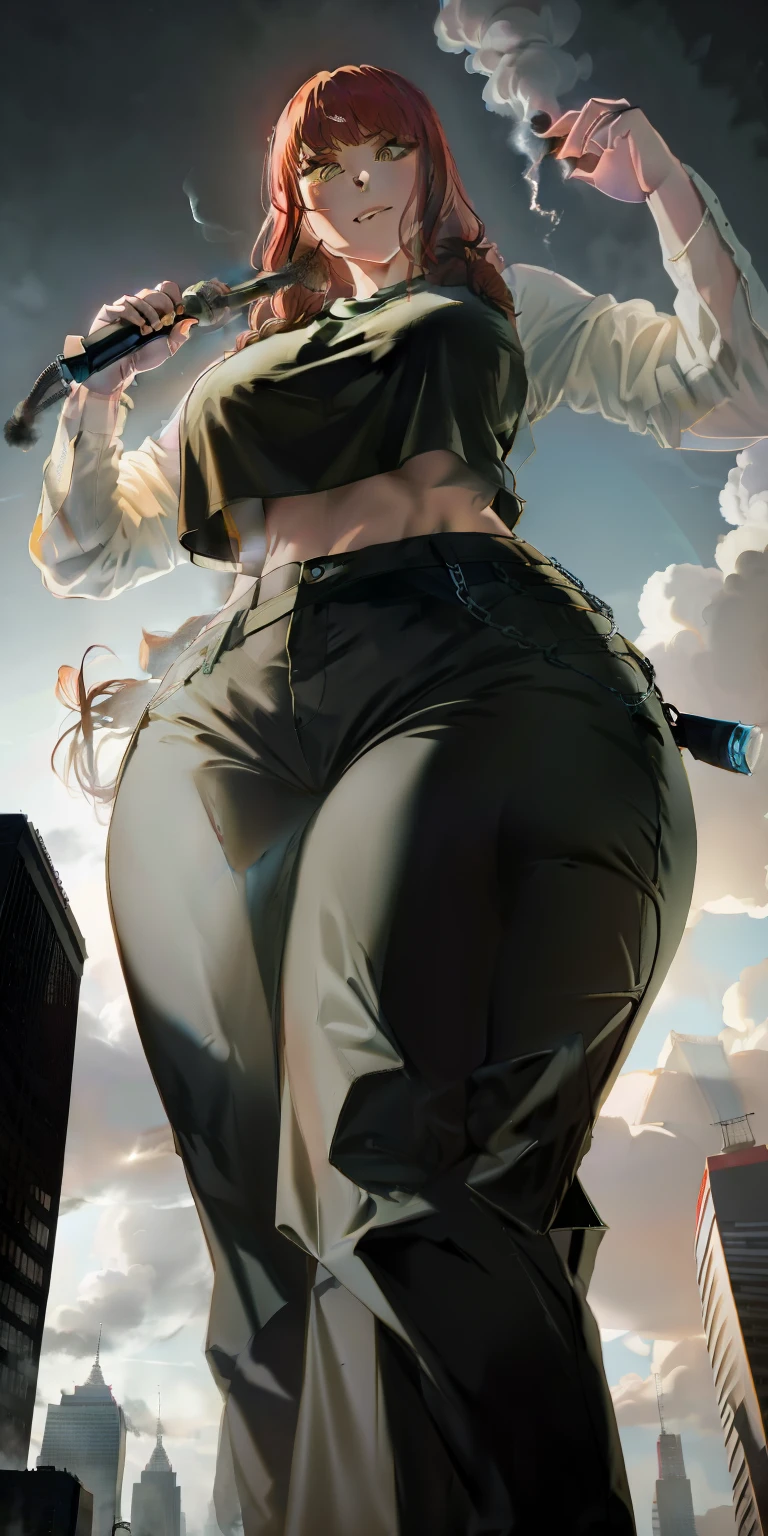 "A towering Giantess in a cool and laid-back hippie style is rocking a crop top and baggy pants. Her toned and athletic build hints at her massive strength. She seems to be casually strolling through the bustling cityscape of GTS City, as towering buildings loom overhead. Smoke and clouds roil around her, adding to the sense of epic scale and drama. The lighting is dark, gloomy, and realistic, creating a tense and ominous atmosphere. The perspective is from below, emphasizing the sheer majesty and power of the Giantess."