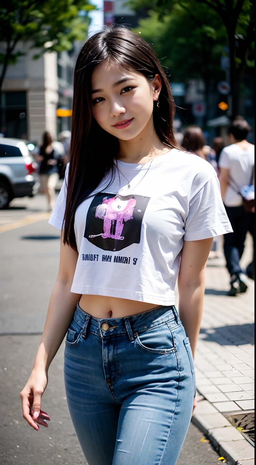 8k、top-quality、masterpiece、realisitic、The ultra-detailliert、a picture、HDR、Row photo、hight resolution、absurderes、Cinematic light、Official Art、hight resolution、depth of fields、
full bodyesbian, beautiful legs, thin, cute face, a smile, Beautiful detail eyes, Japan at 21 years old, cute little, Lavender-colored double pan,
Fashionable T-shirt、Denim skinny pants、espadrilles、a street、morning、small tits、rather small breasts、Slimed、skiny、Model body type