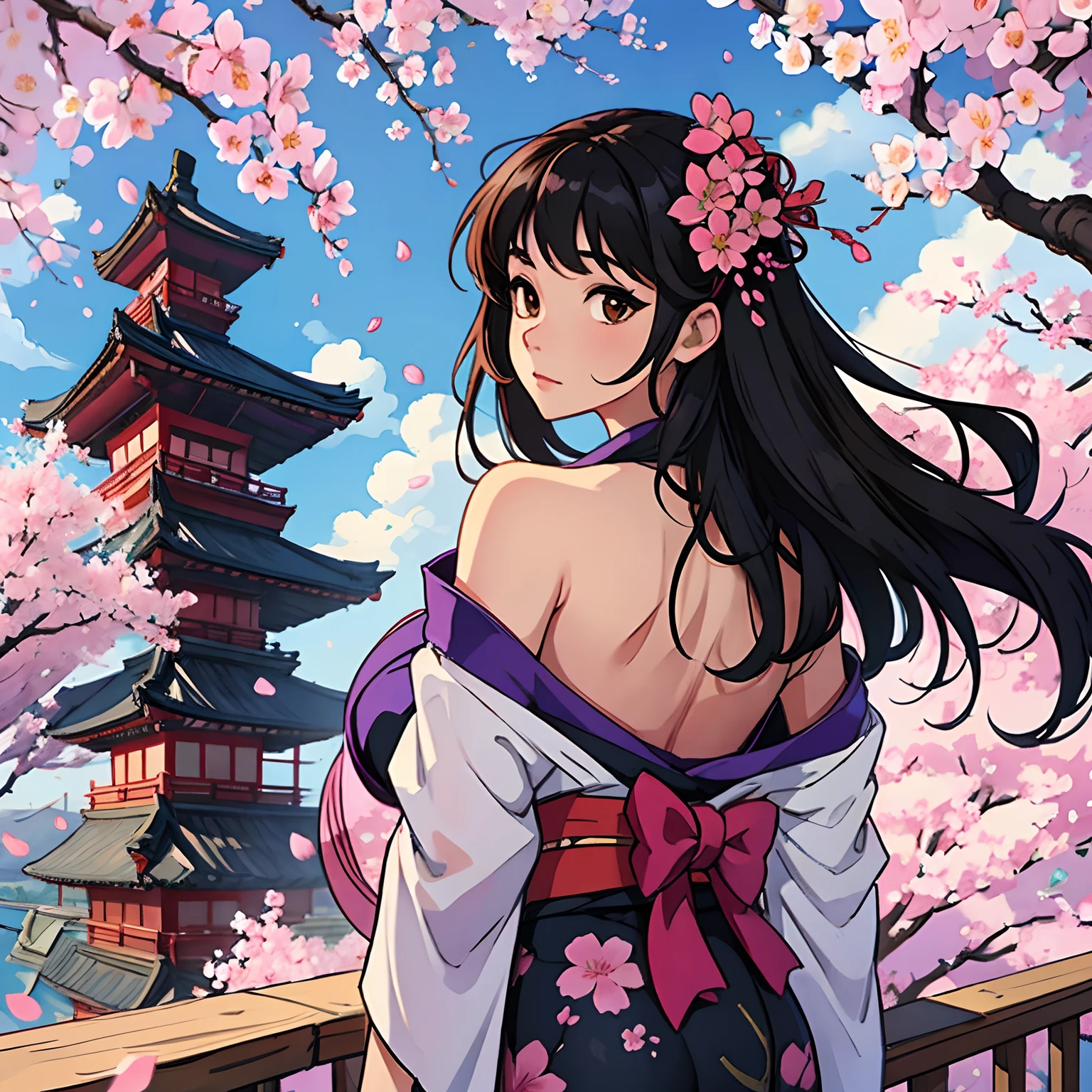 1girl, architecture, ass, back, bare shoulders, black hair, blue sky, branch, breasts, bridge, brown eyes, cherry blossoms, closed fan, day, east asian architecture, falling petals, floral print, flower, from behind, hair ornament, hanami, japanese clothes, kimono, kneepits, long hair, looking at viewer, looking back, obi, petals, petals on liquid, pink flower, plum blossoms, railing, sash, sideboob, sky, solo, spring \(season\), standing, tree, umbrella, wisteria