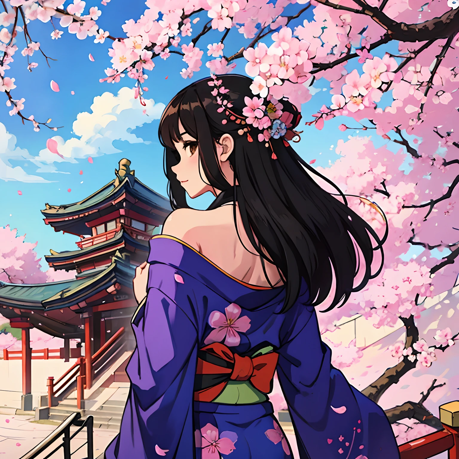 1girl, architecture, ass, back, bare shoulders, black hair, blue sky, branch, breasts, bridge, brown eyes, cherry blossoms, closed fan, day, east asian architecture, falling petals, floral print, flower, from behind, hair ornament, hanami, japanese clothes, kimono, kneepits, long hair, looking at viewer, looking back, obi, petals, petals on liquid, pink flower, plum blossoms, railing, sash, sideboob, sky, solo, spring \(season\), standing, tree, umbrella, wisteria