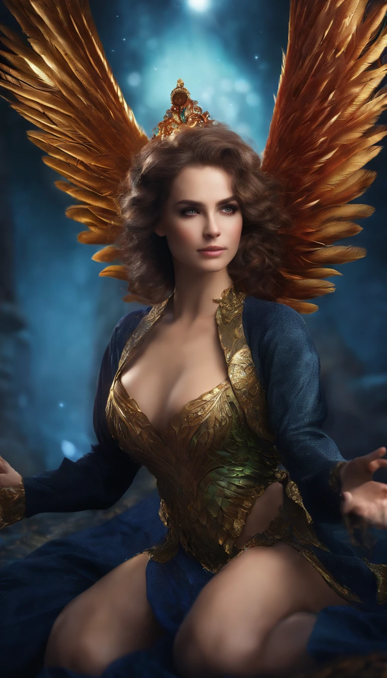 (Dynamic Angle:1.4), ((Pose all over the body:1.5), (Colorful:1.2), (Extremely detailed CG Unity 16k wallpaper:1.1), (Noise Removal Strength: 1.45), (tmasterpiece:1.37), ((offcial art)), Top quality, the wallpaper, Original, (1girll:1.35), (Solo), full bodyesbian, Dynamic, Blue eyes, Detailed eyes, Phoenix wings, (Disheveled hair), colored tips, Colored inner hair, jewelry, Intricate filigree, Feathers on dresses, voluminetric lighting, jungles, Tyndall effect, Phoenix feathers, Halo, (Masterpiece:1.35)  [Phoenix feather gorgeous dress:(Peacock feathers):0.65], (illustration), (Depth of field), Chiaroscuro, Cinematic lighting, color difference, Sparkle, Ray tracing, blend, Ultra-wide angle, f/1.8, hasselblatt, Sony FE GM, (Masterpiece), (Masterpiece), Best quality, hyper HD