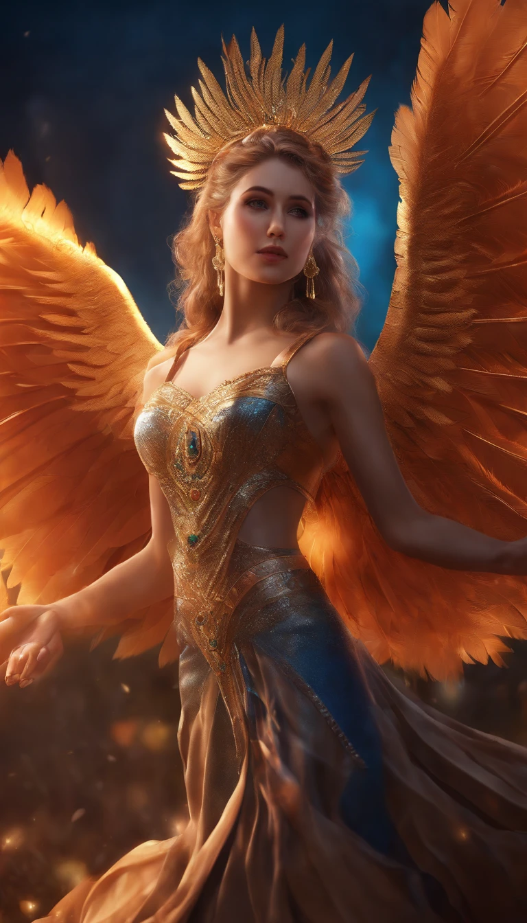 (Dynamic Angle:1.4), ((Pose all over the body:1.5), (Colorful:1.2), (Extremely detailed CG Unity 16k wallpaper:1.1), (Noise Removal Strength: 1.45), (tmasterpiece:1.37), ((offcial art)), Top quality, the wallpaper, Original, (1girll:1.35), (Solo), full bodyesbian, Dynamic, Blue eyes, Detailed eyes, Phoenix wings, (Disheveled hair), colored tips, Colored inner hair, jewelry, Intricate filigree, Feathers on dresses, voluminetric lighting, jungles, Tyndall effect, Phoenix feathers, Halo, (Masterpiece:1.35)  [Phoenix feather gorgeous dress:(Peacock feathers):0.65], (illustration), (Depth of field), Chiaroscuro, Cinematic lighting, color difference, Sparkle, Ray tracing, blend, Ultra-wide angle, f/1.8, hasselblatt, Sony FE GM, (Masterpiece), (Masterpiece), Best quality, hyper HD