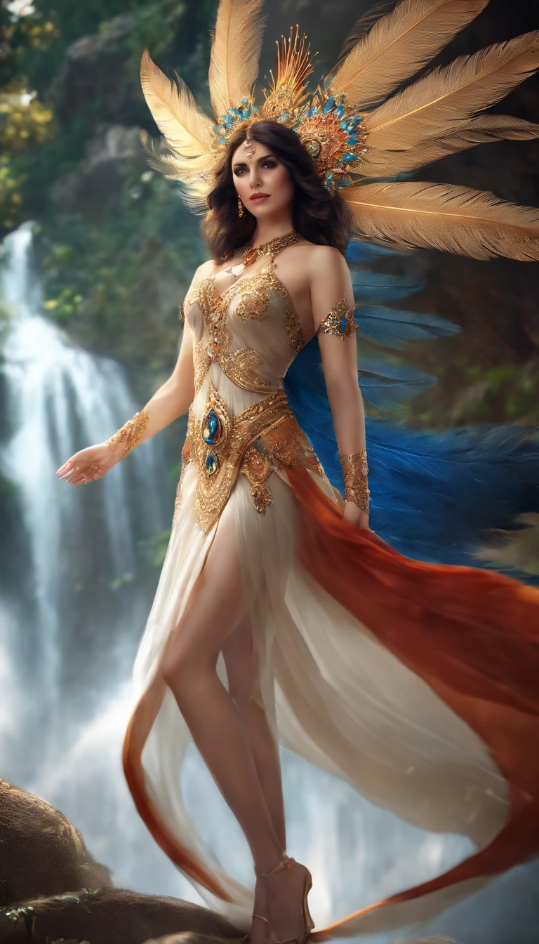 (Dynamic Angle:1.4), ((Pose all over the body:1.5), (Colorful:1.2), (Extremely detailed CG Unity 16k wallpaper:1.1), (Noise Removal Strength: 1.45), (tmasterpiece:1.37), ((offcial art)), Top quality, the wallpaper, Original, (1girll:1.35), (Solo), full bodyesbian, Dynamic, Blue eyes, Detailed eyes, Phoenix wings, (Disheveled hair), colored tips, Colored inner hair, jewelry, Intricate filigree, Feathers on dresses, voluminetric lighting, jungles, Tyndall effect, Phoenix feathers, Halo, (Masterpiece:1.35)  [Phoenix feather gorgeous dress:(Peacock feathers):0.65], (illustration), (Depth of field), Chiaroscuro, Cinematic lighting, color difference, Sparkle, Ray tracing, blend, Ultra-wide angle, f/1.8, hasselblatt, Sony FE GM, (Masterpiece), (Masterpiece), Best quality, hyper HD