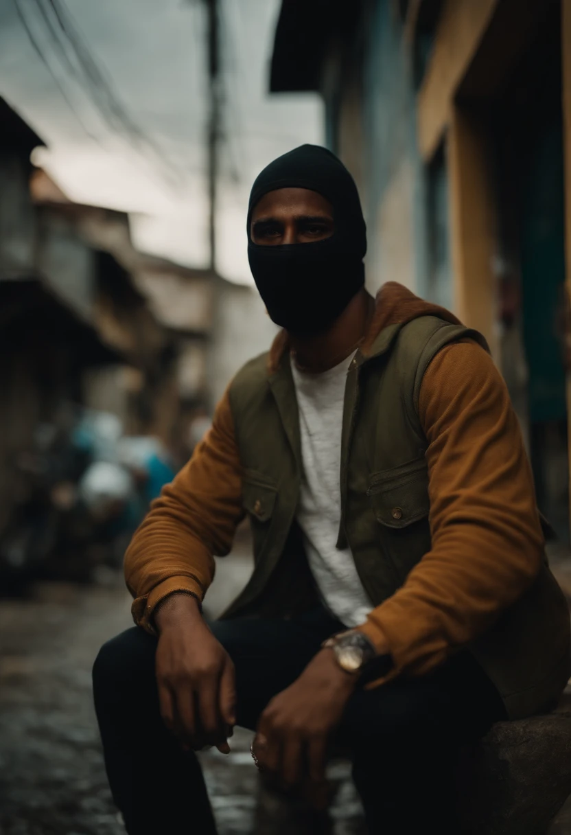 jovem criado na favela com camisa de balaclava
