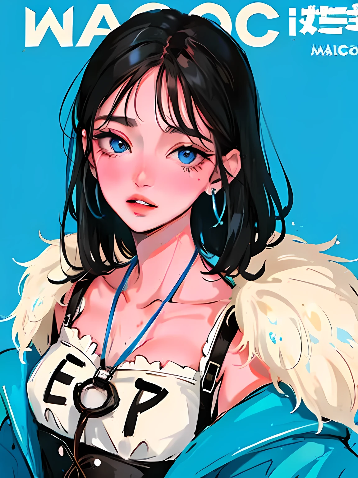 (Portrait:1.4), (masutepiece:1.2, Best Quality:1.2), bottom-up, Full body, 1 girl with short black hair with fringe, blue highlight, Solo, Looking down, Face Focus, Extreme facial details, Cool eyes, extremely detailed eye, goodlooking, makeup, Fingers on lips, blue Eyes, Thin, slim, white fur coat, Black tights, earrings, (Marco) Cafe)