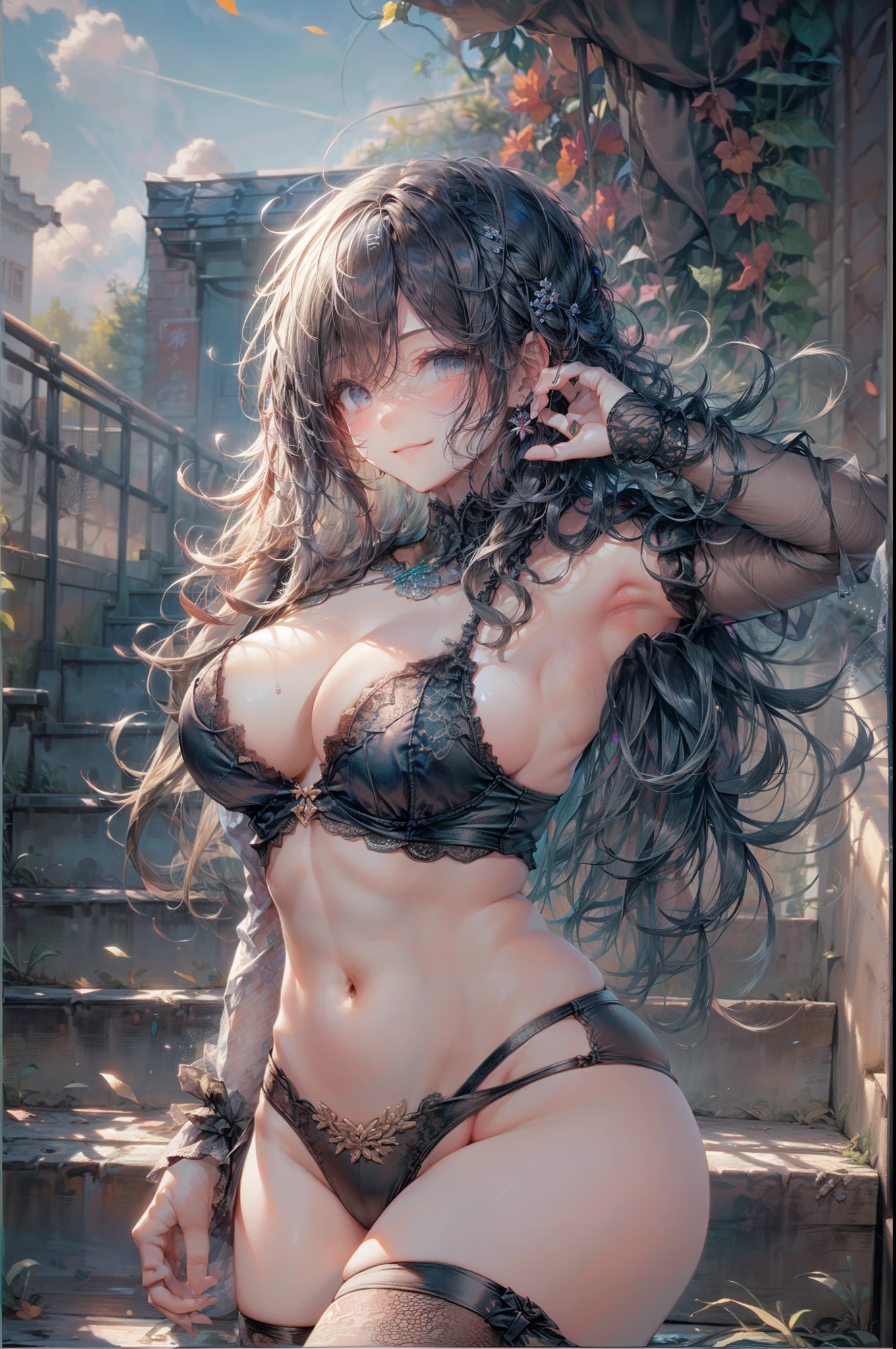 koharudef, upper body, smile, blush, outdoors, day, simple background, blue sky, sky, temple, looking at viewer, stairs, mountain, moody lighting, facing viewer, 

hires, best quality, official art, nsfw, best anatomy,


(nsfw, 1girl, paizuri, paizuri, triumphant pose, , darkslategray hair, tired hair, wavy hair, smug face, light smile, jitome, hetero, indoors,, huge breasts, [[[[[[[plump]]]]]]], (diagonally from directly below:1.0),(mist oil:1.2),(ultrahigh resolution beautiful brassiere is sexy fresh:1.2),(ultrahigh resolution beautiful oil skin:1.2),(ultrahigh resolution beautiful 🎨:1.1),(solid (body):1.2),(depth:1.2),(softness skin:1.2)