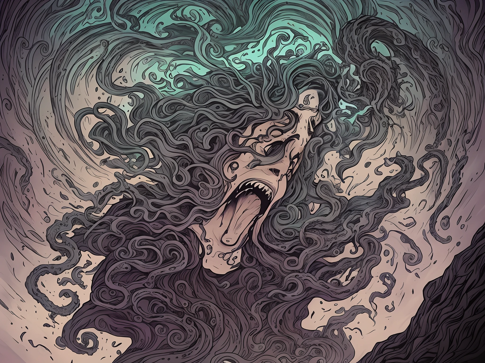monster with tentacles attacking a woman, woman screaming in fear, -- 3:2 --auto --s2