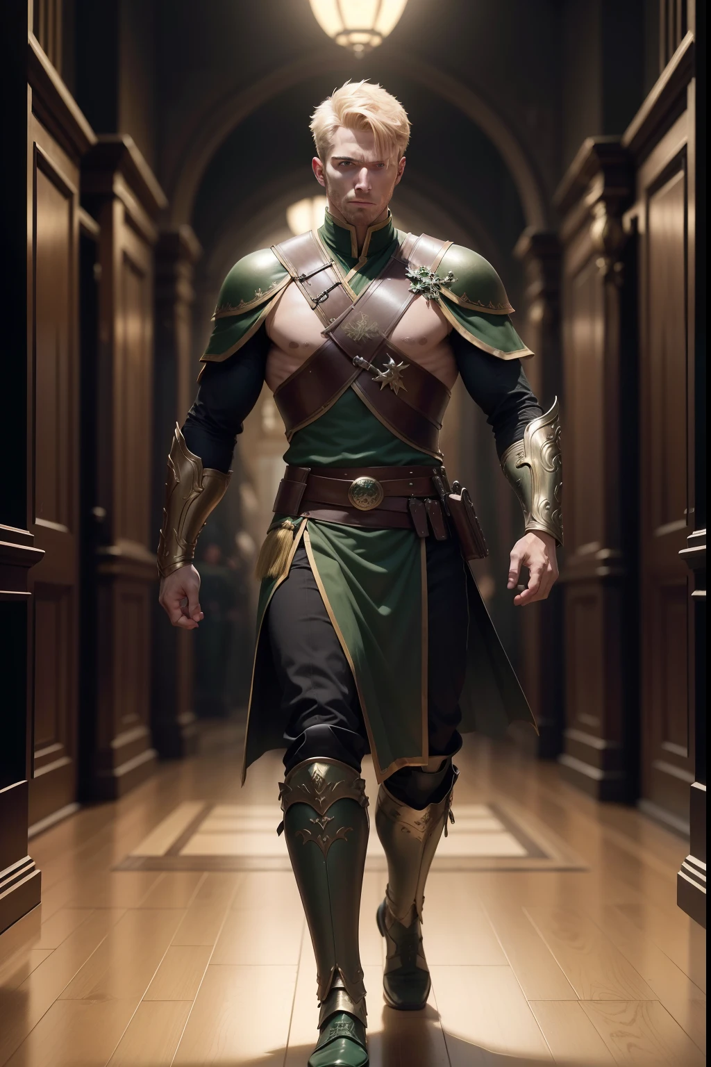 ultra realistic 8k image of a blond man with short hair, 30 years old, strong, handsome, extremely detailed green eyes, dressed in black RPG warrior costume with dark green shoulder pads, looking to the side, running in a large hall of a royal palace, serious expression
